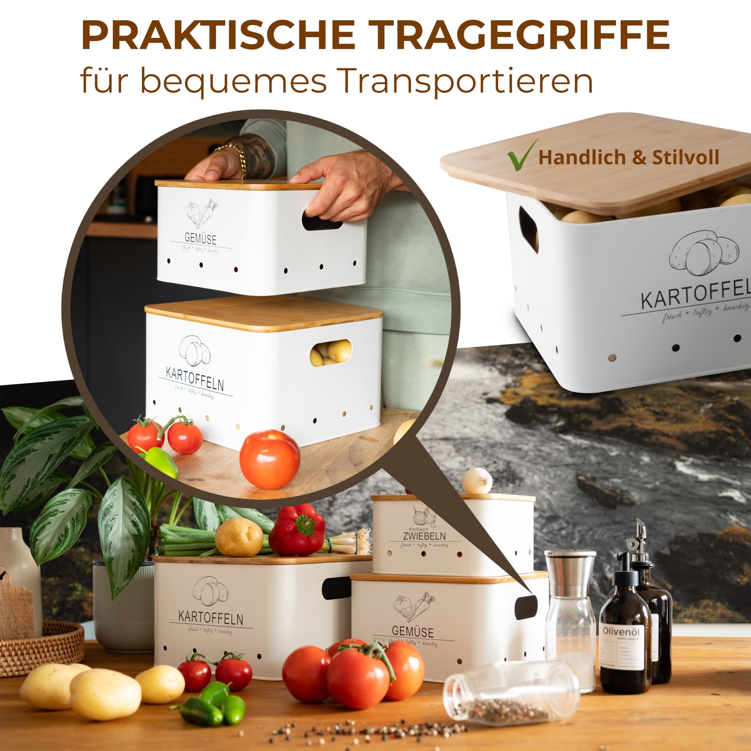 Kartoffel Aufbewahrungsbox Küche – 3er Set – Gemüse länger frisch – Vorratsbehälter für Kartoffel, Zwiebel & Gemüse – stapelbare Aufbewahrungsboxen mit Bambusdeckel – modern Weiß – MNKsolution