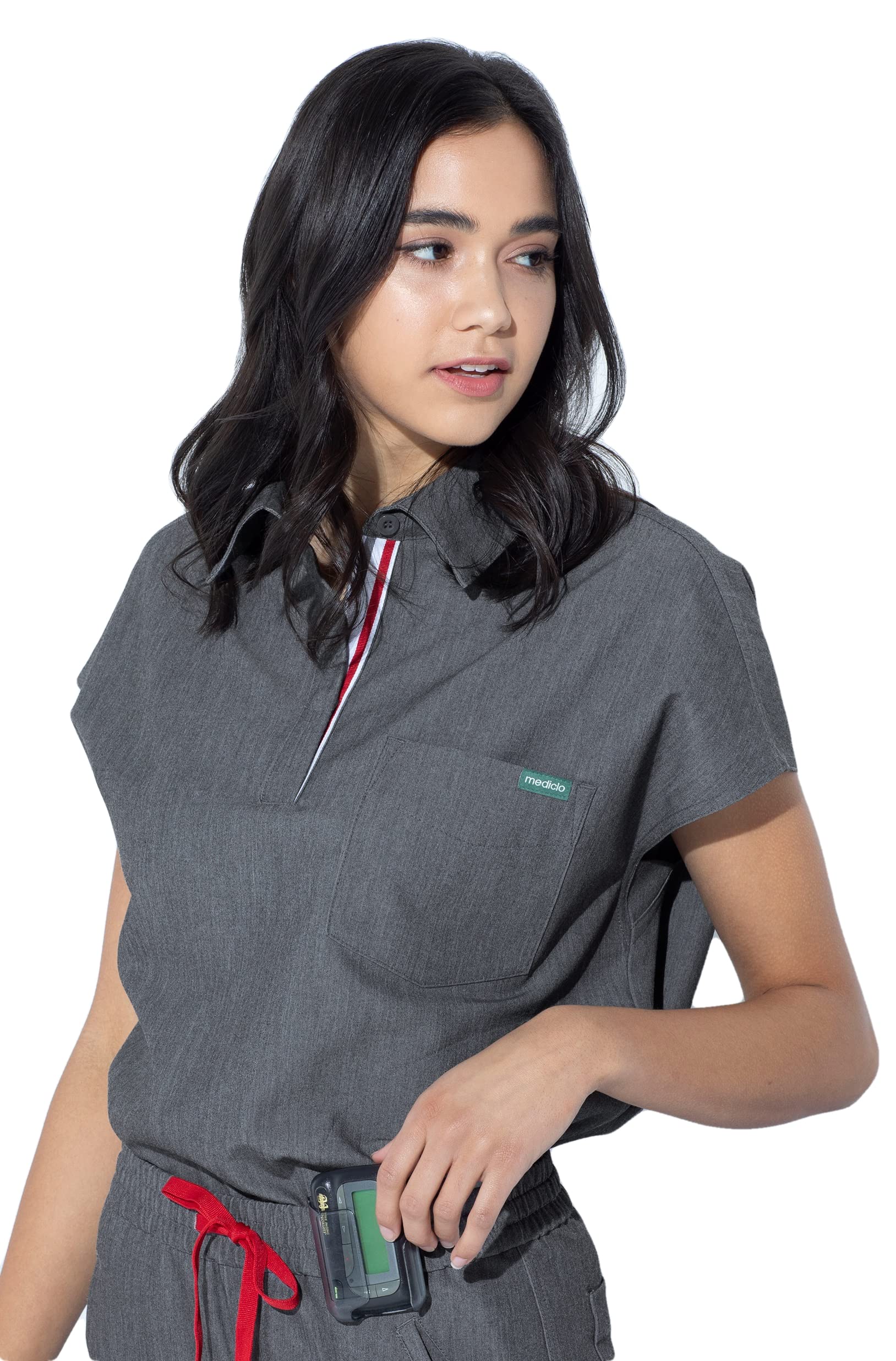 Mediclo Women's Medical Scrub Top – Capri Collared Chest Pocket Shirt Eco Friendly Sustainable FYSEL Fabric Workwear Heather Grey FT3092RHGY10 XL