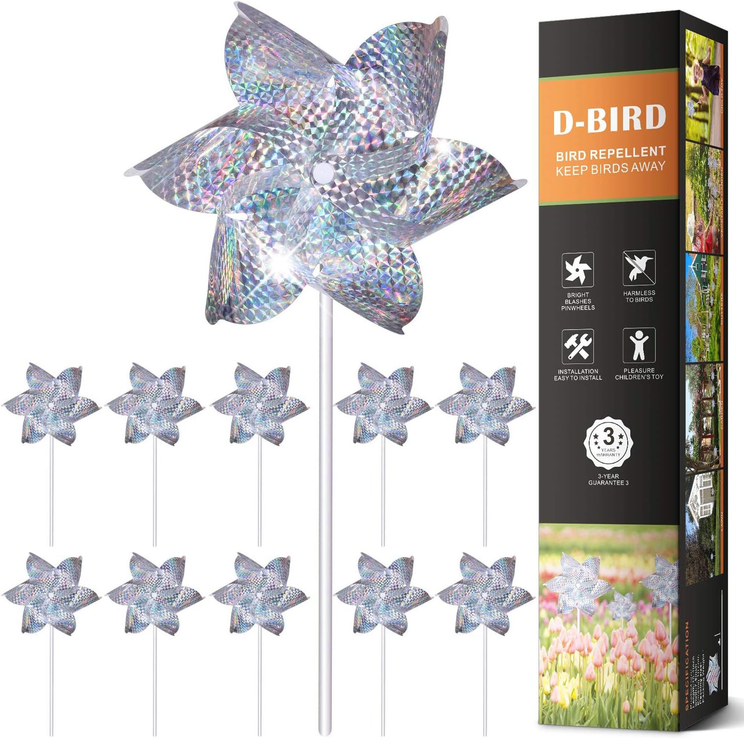 Vctas Reflective PinWheels, Highly Effective Reflection Materials, Sparkly Silver Spinners - 10 Pack