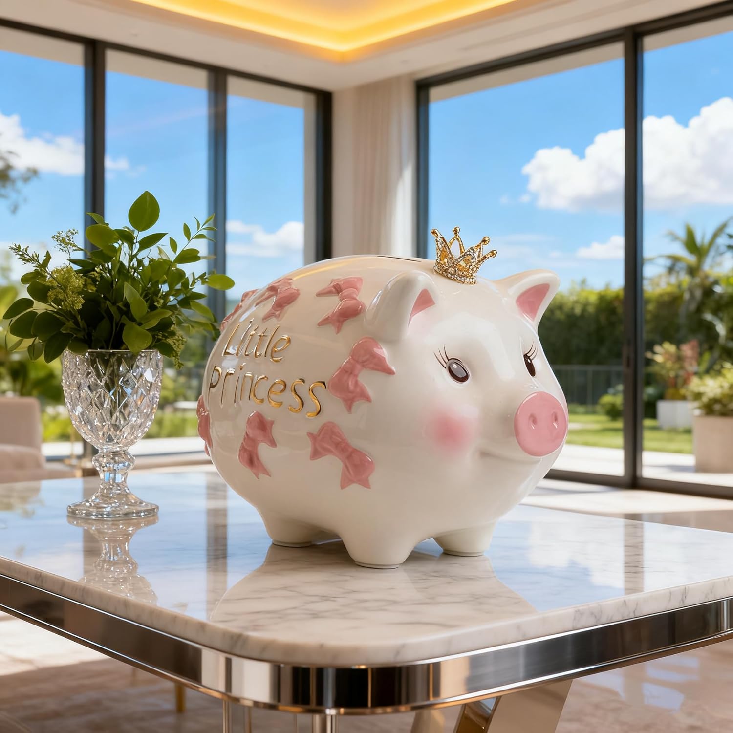 Ceramic Piggy Bank，Coin Bank ，Crown Princess Money Box for Girl (Pink 8.3" L)