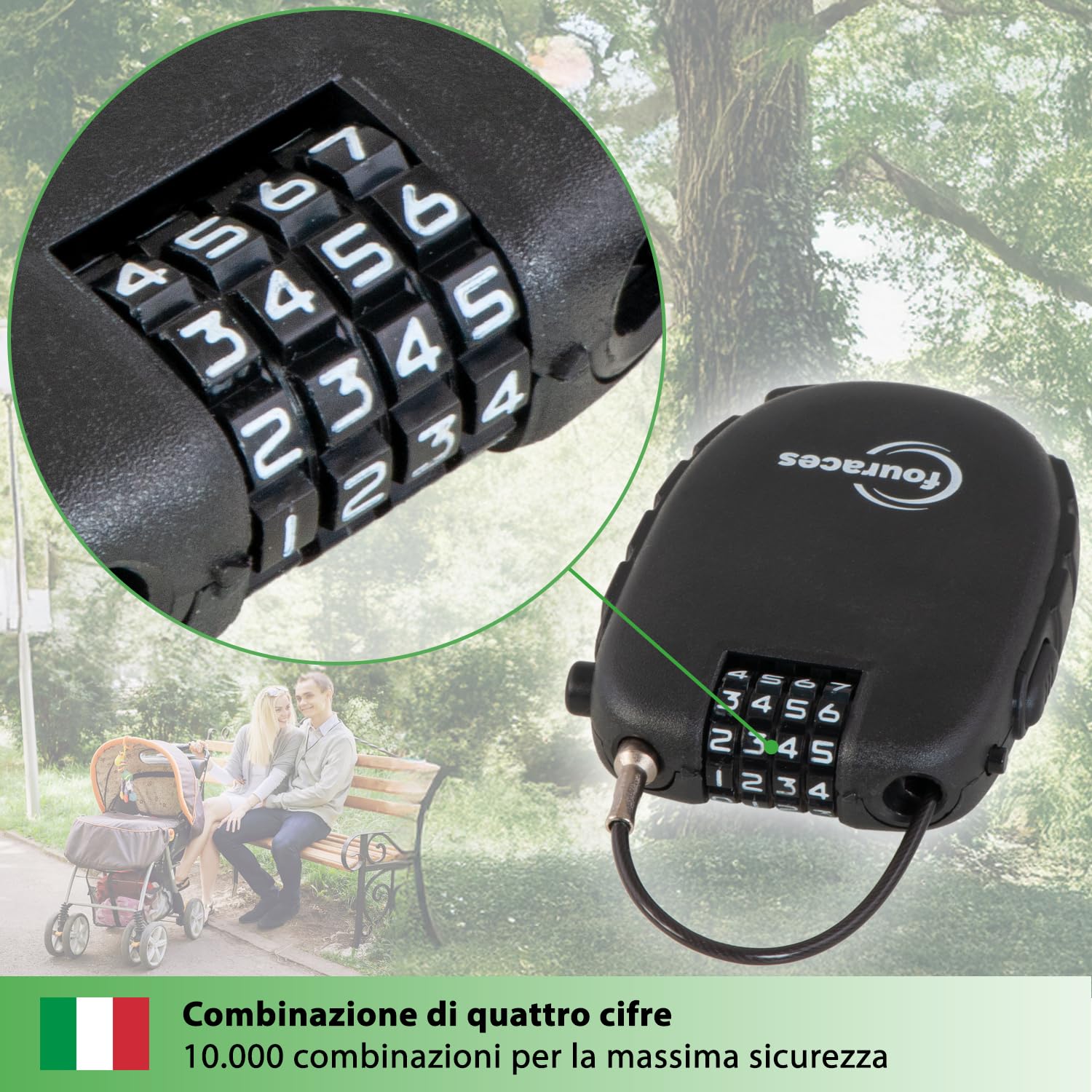 fouraces lucchetto con cavo retrattile 70 cm, lucchetti a combinazione a 4 cifre, antifurto per bicicletta, scooter, biciclette, sci, casco, moto