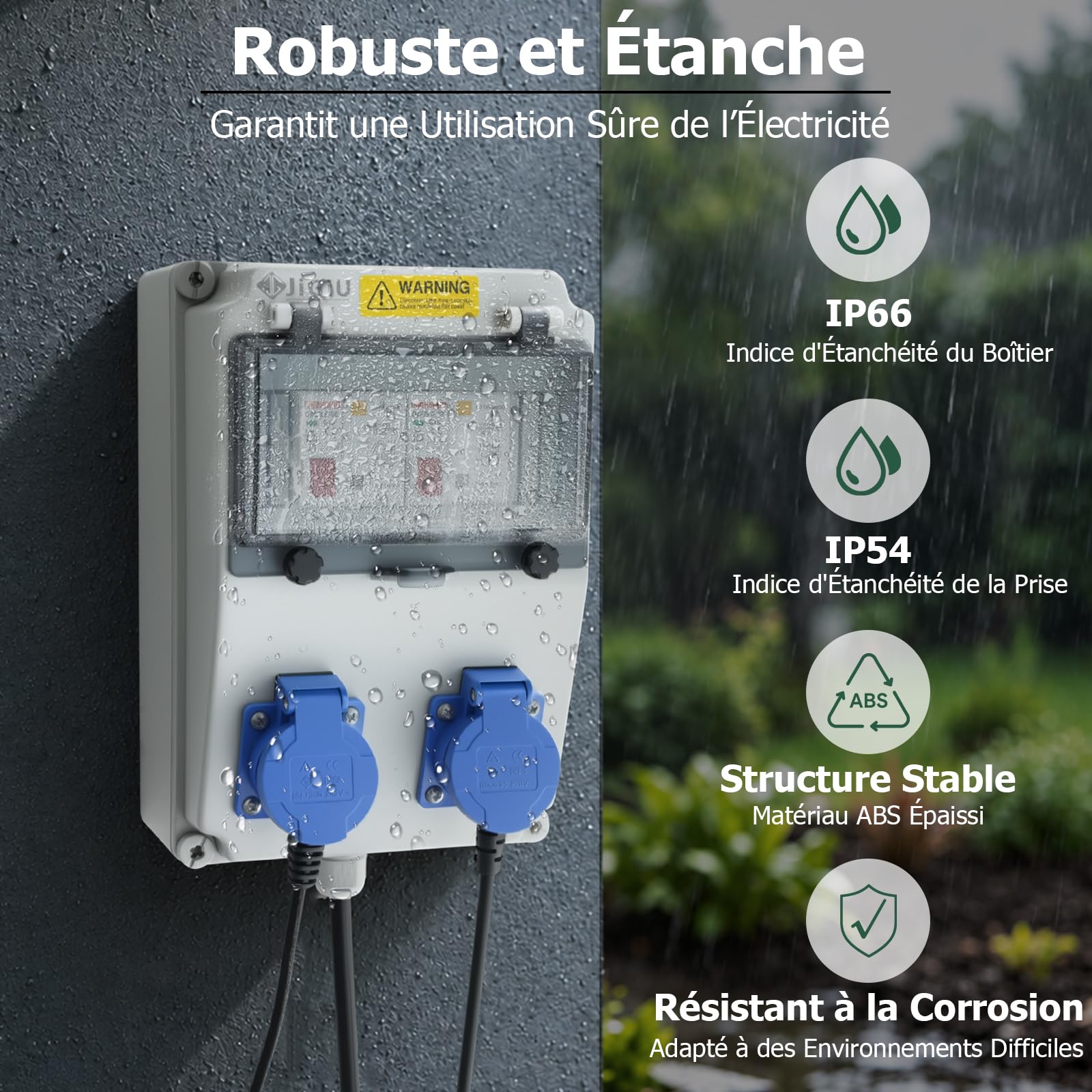 JiGiU Coffret Électrique de Chantier, 2 Prises Schuko, Disjoncteur FI+LS