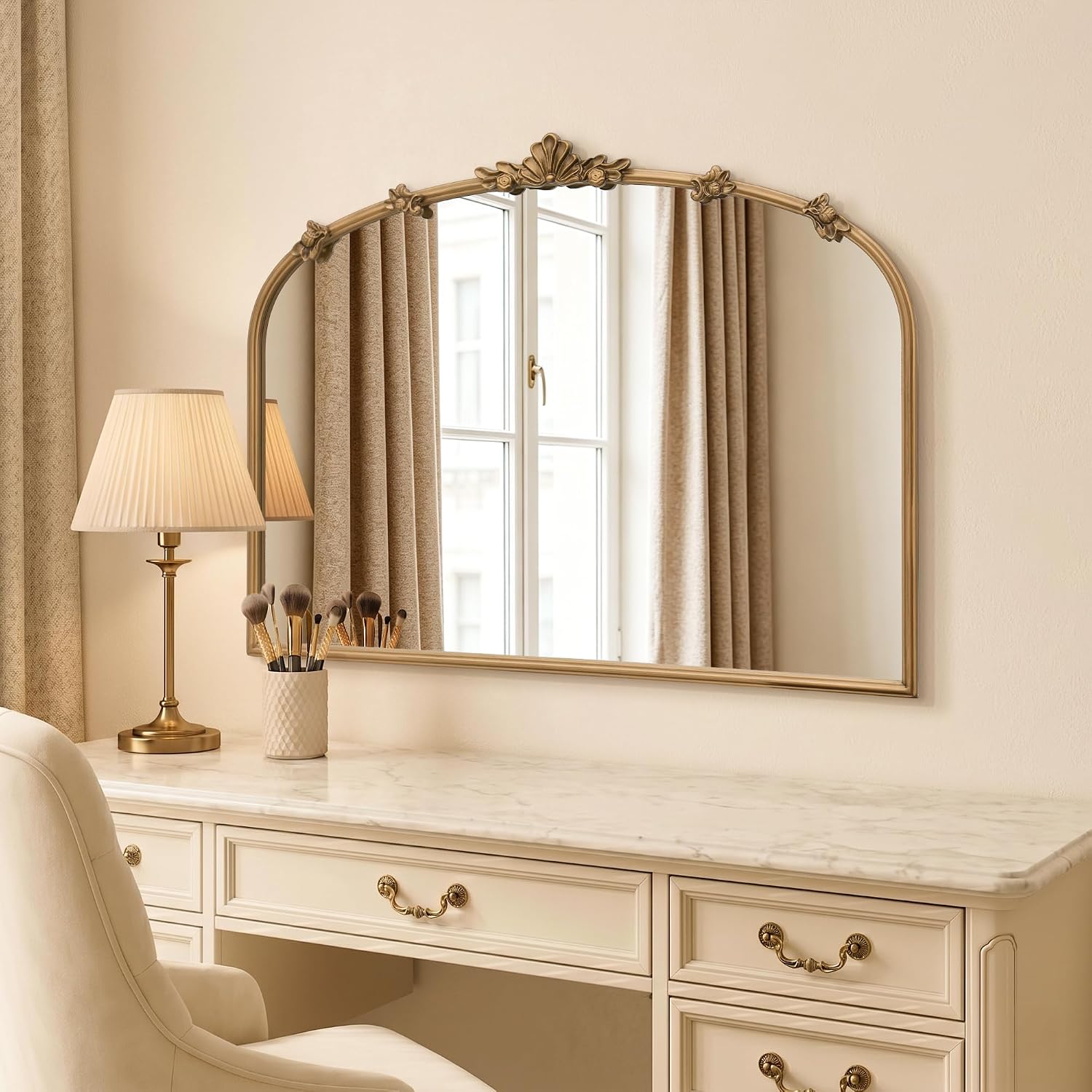 Besdomus Vintage Gold Mirror for Vanity: 32"x24" Traditional Arched Mirror | French Baroque Antique for Wall/Mantel/Bedroom/Entryway/Bathroom/Hallway - Ideal for Fashion- Conscious
