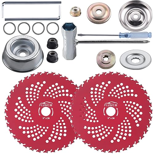 PLUMIA Cuchillas con punta de carburo de 9 x 36 dientes con kit adaptador universal, para cortador de cepillo, recortador, herbicida, compatible con