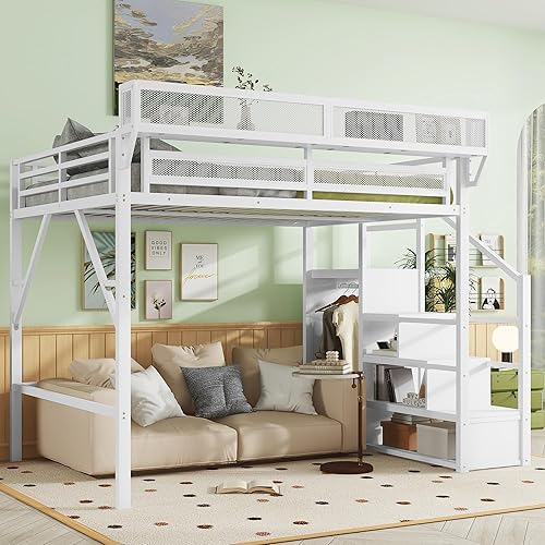 Queen Size Loft Bed with Stairs, Heavy Duty Metal Loft Beds Frame with Storage Shelf & Wardrobe, Tall LoftBed with Under-Bed Space for Adult Teens Junior,Space Saving Design,White