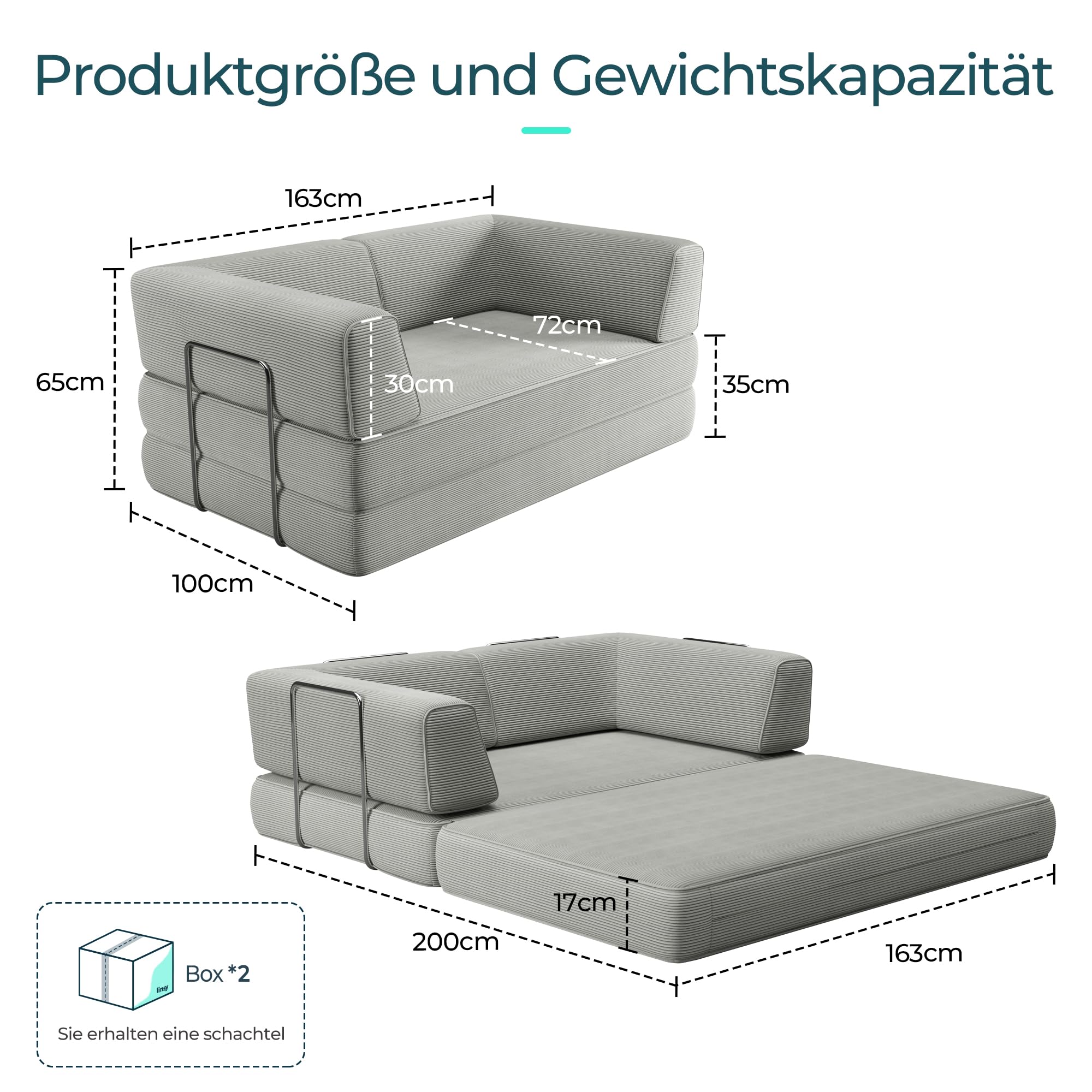 LINSY HOME Sofa z funkcją spania – sofa podłogowa z poduszką na plecy – rozkładana sofa do spania o szerokości 160 cm – tkanina sztruksowa do salonu, sypialni