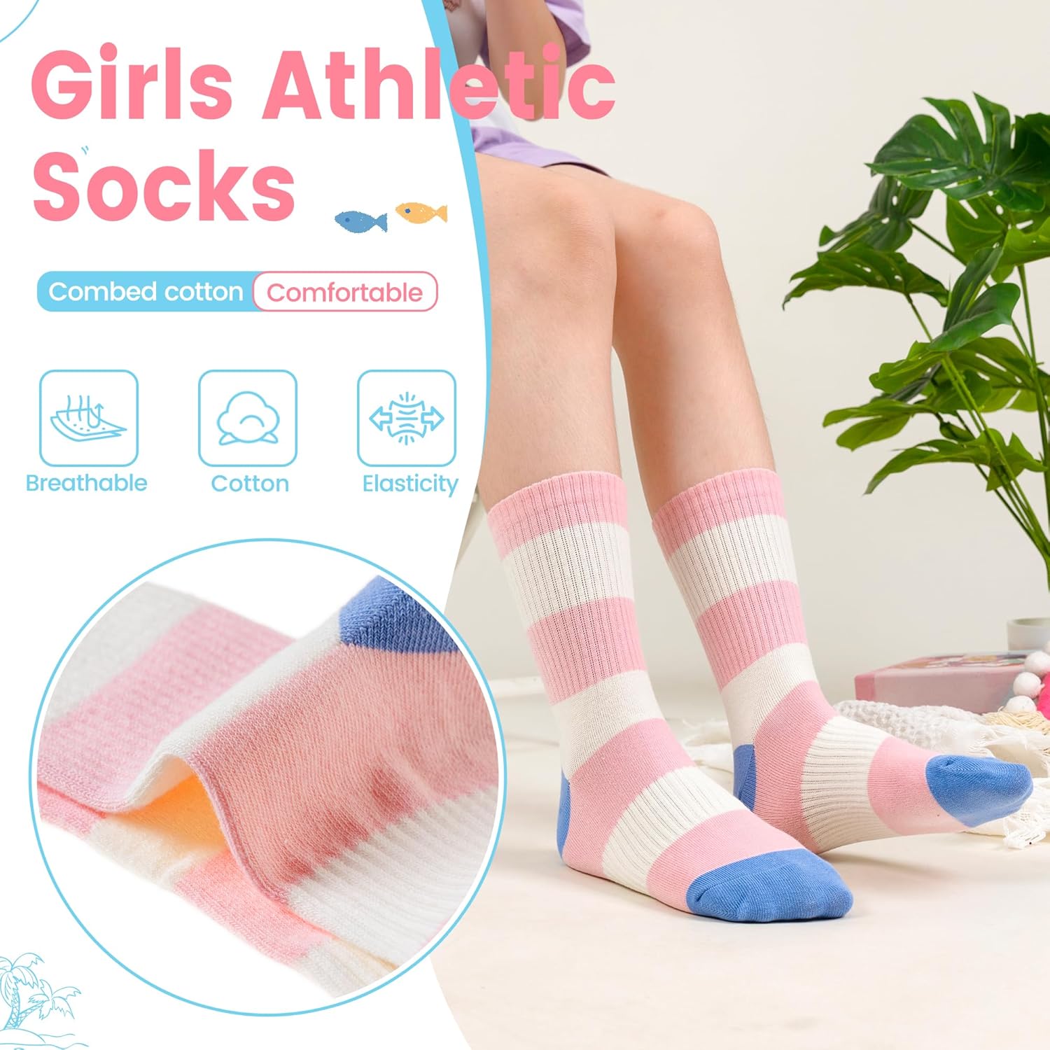 Kids Girls Socks Athletic Sport Breathable Soft Cotton Youth Girsl Crew Socks 6 Pairs - Image 3