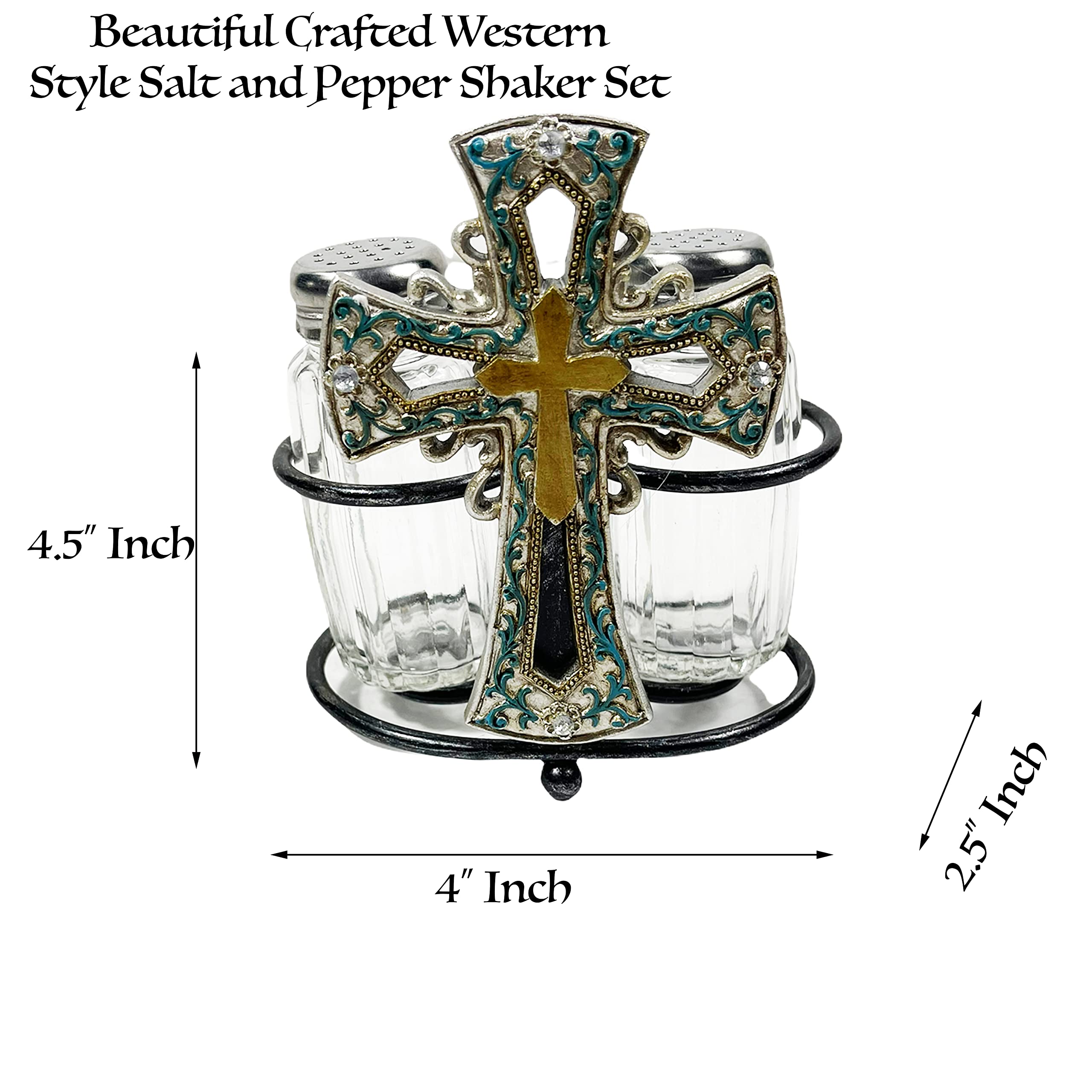 Urbalabs Western Cross and Jem Gold Concho Country Star Cowboy Roper Star Buckle Salt and Pepper Shaker Caddy Farmhouse Dinner Table Kitchen Ranch Decorations Rustic Cowboy Decor (Gold Cross)