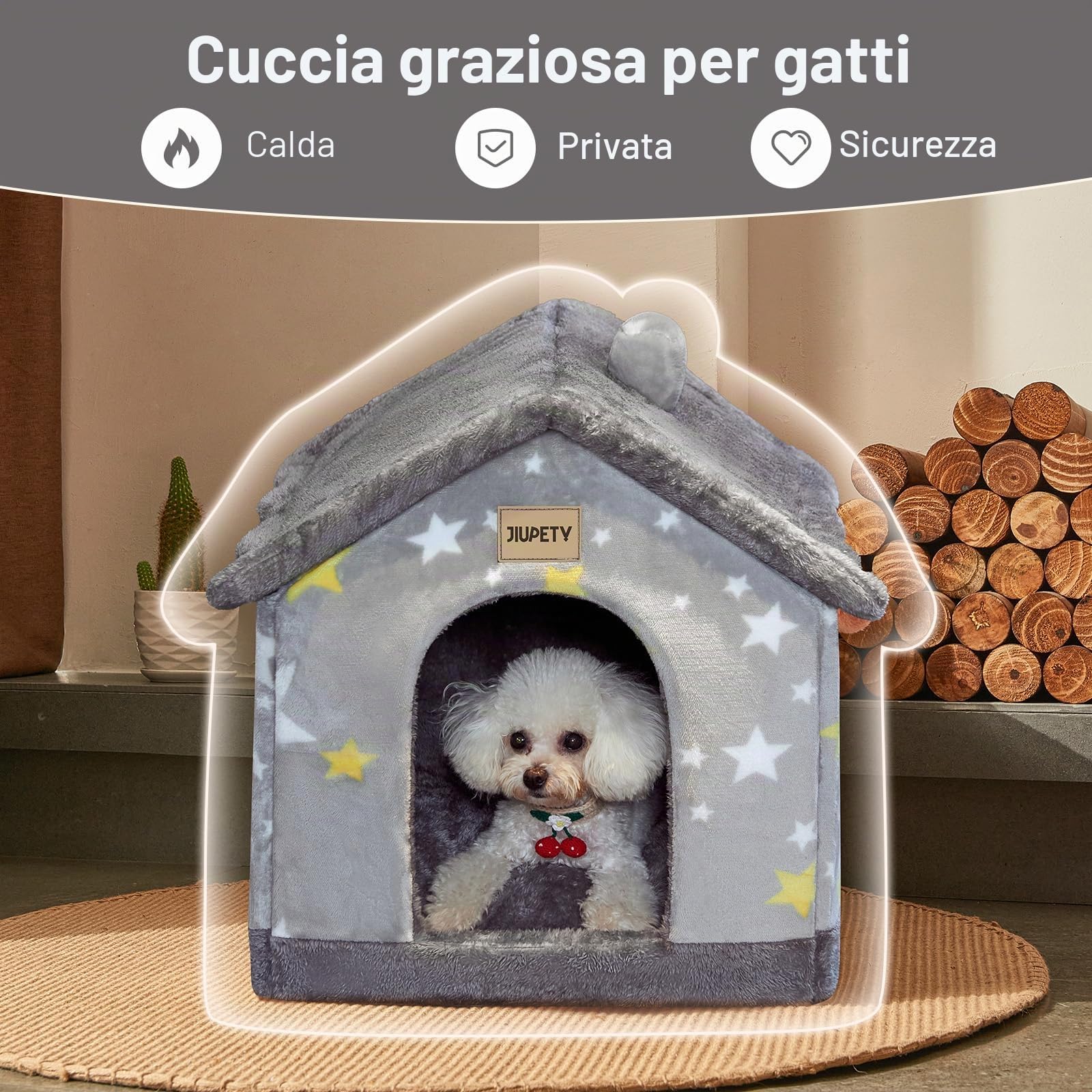 Jiupety Cuccia Cane Interno Chiusa Taglia Media con Motivo a Stella, Cuccia Pelosa per Cani da Interno Taglia L 53 x 43 x 46 CM, Dog House, Grey Star
