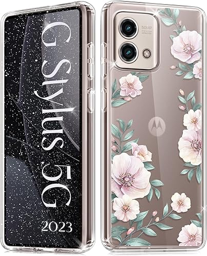 HiPOTSUN Funda para Moto G Stylus-5G-2023 con protector de pantalla y protector de lente de cámara, flores transparentes a prueba de golpes de