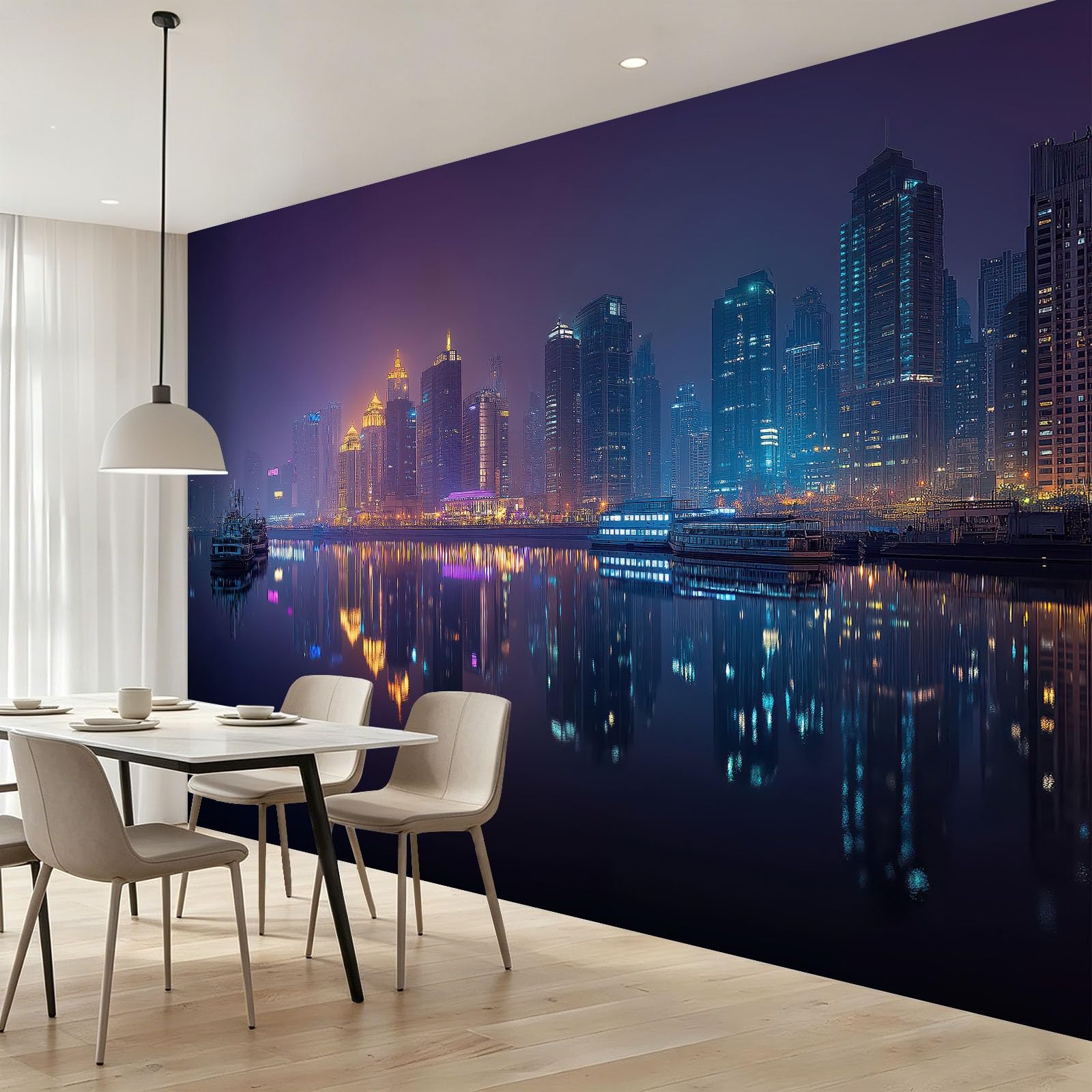 Fototapeta z włókniny, panorama miasta, widok nocny i odbicie rzeki, 250 x 175 cm, fototapeta, sypialnia, salon, nowoczesna tapeta ścienna, tapeta ścienna, wykonana na miarę, ciemnofioletowa