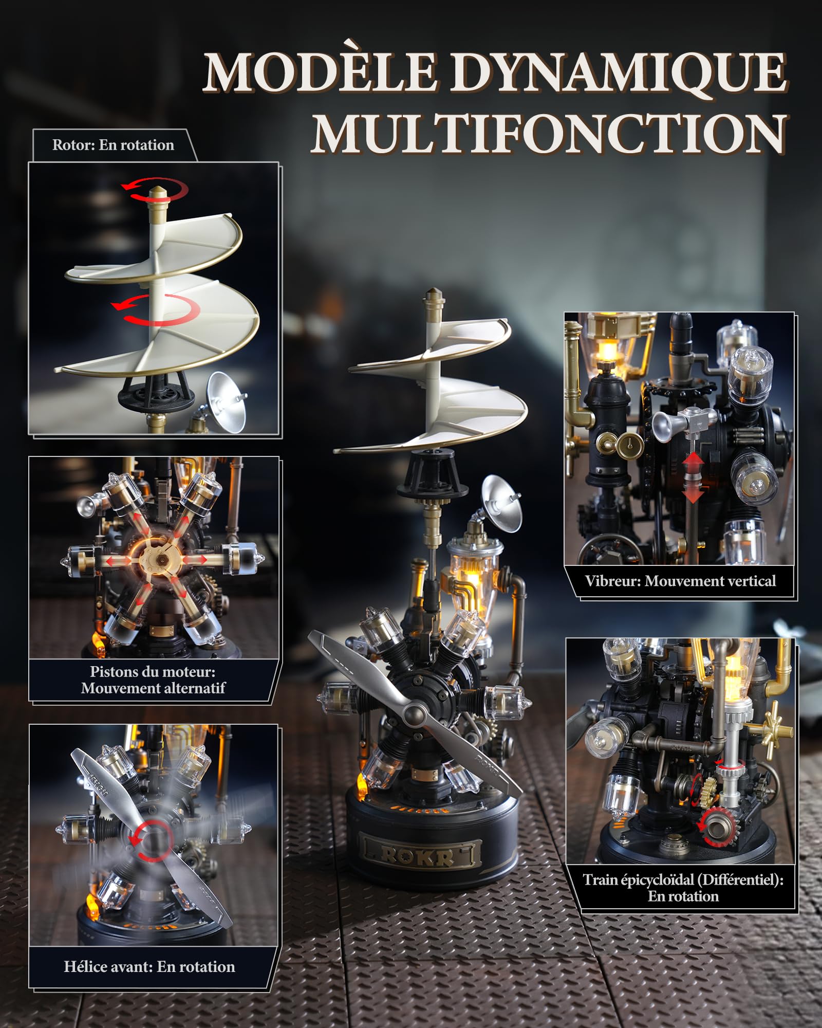 ROKR Puzzle 3D Hélicoptère Rotatif, Modèle de Montage Mécanique, Maquette en Plastique Métal a Construire Adulte, Cadeaux DIY à Thème Industriel (Rotating Helicopter)