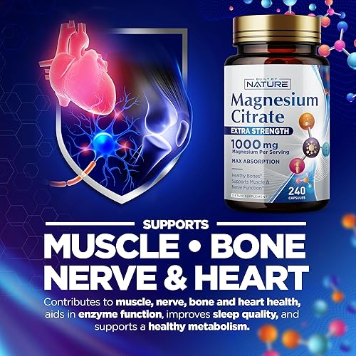 Miniatura 4 de Citrato de magnesio 1000 mg  Máxima absorción y complejo de magnesio de alta potencia Suplemento para corazón, músculo, nervio, salud ósea y alivio