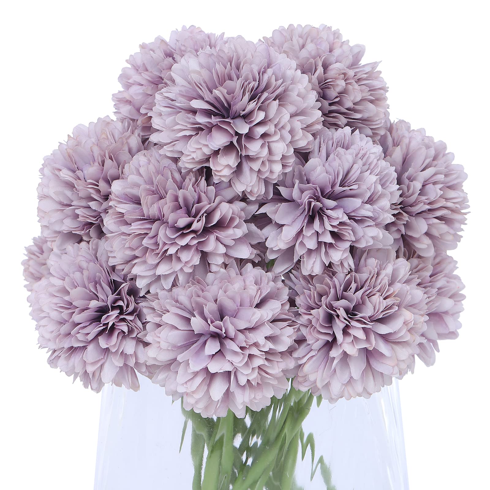 20pcs Fake Flowers Artificial Silk Hydrangea Chrysanthemum Ball Flowers Bouquets for Home Dining Table Core Party Wedding Decoration (Purple, Pack of 20)