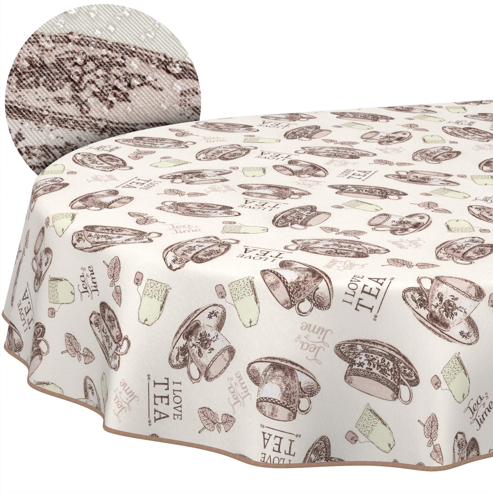 ANRO Nappe enduite L'heure du thé avec Ourlet Ovale 200x140 cm Anti-Taches