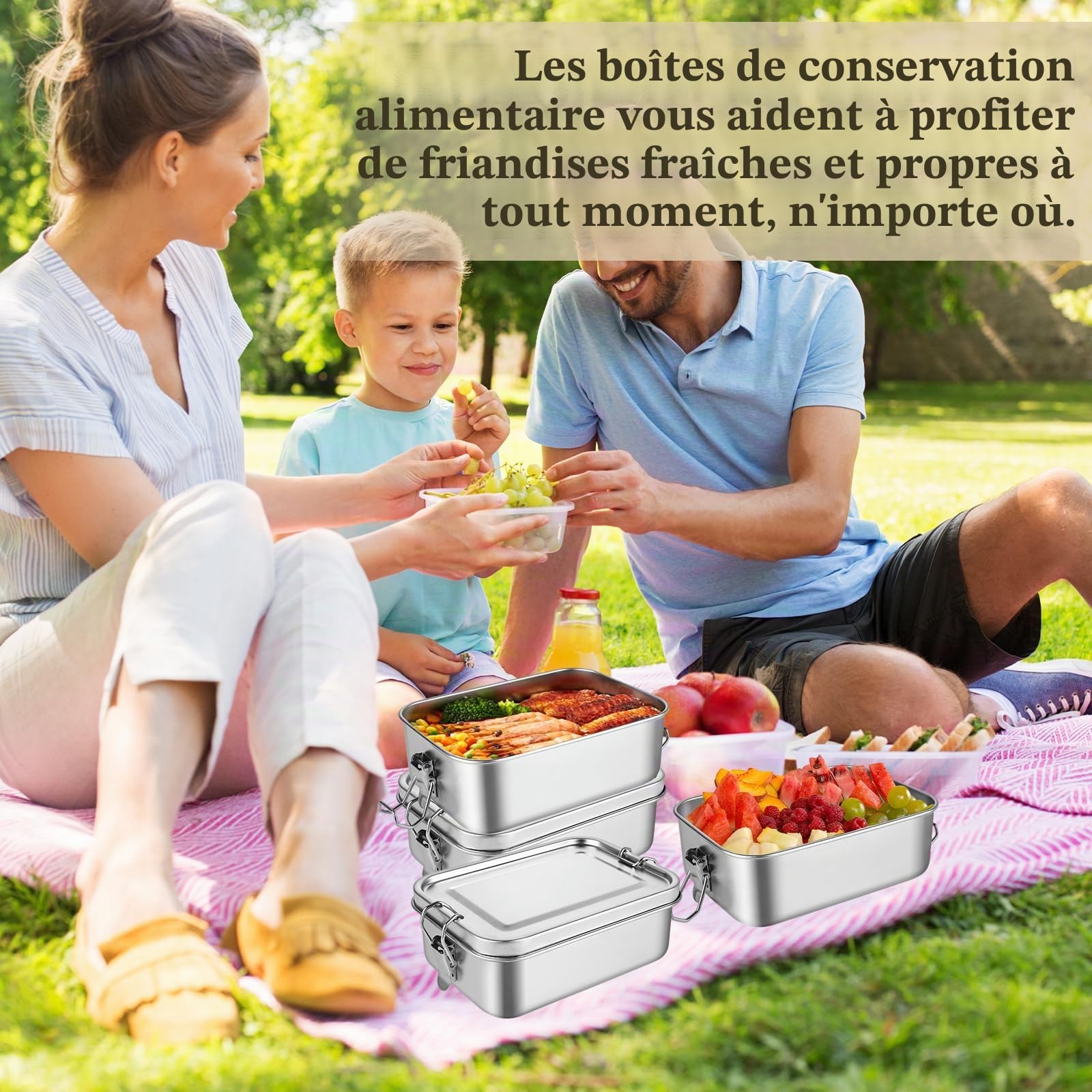 DAJAVE Lot de 4 boîtes à déjeuner en acier inoxydable 850 ml pour enfants et adultes - Anti-fuite et joint d'étanchéité - Pour les sandwiches, la maternelle, l'école