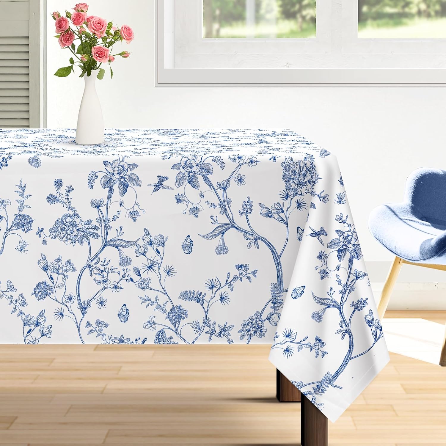 Chinoiserie Bird Branch Tablecloth Waterproof, Vintage French Country Table Cloth Rectangle Stain Resistant, Washable Table Cover for Home Kitchen Dining Party Decoration (60×104 Inch)