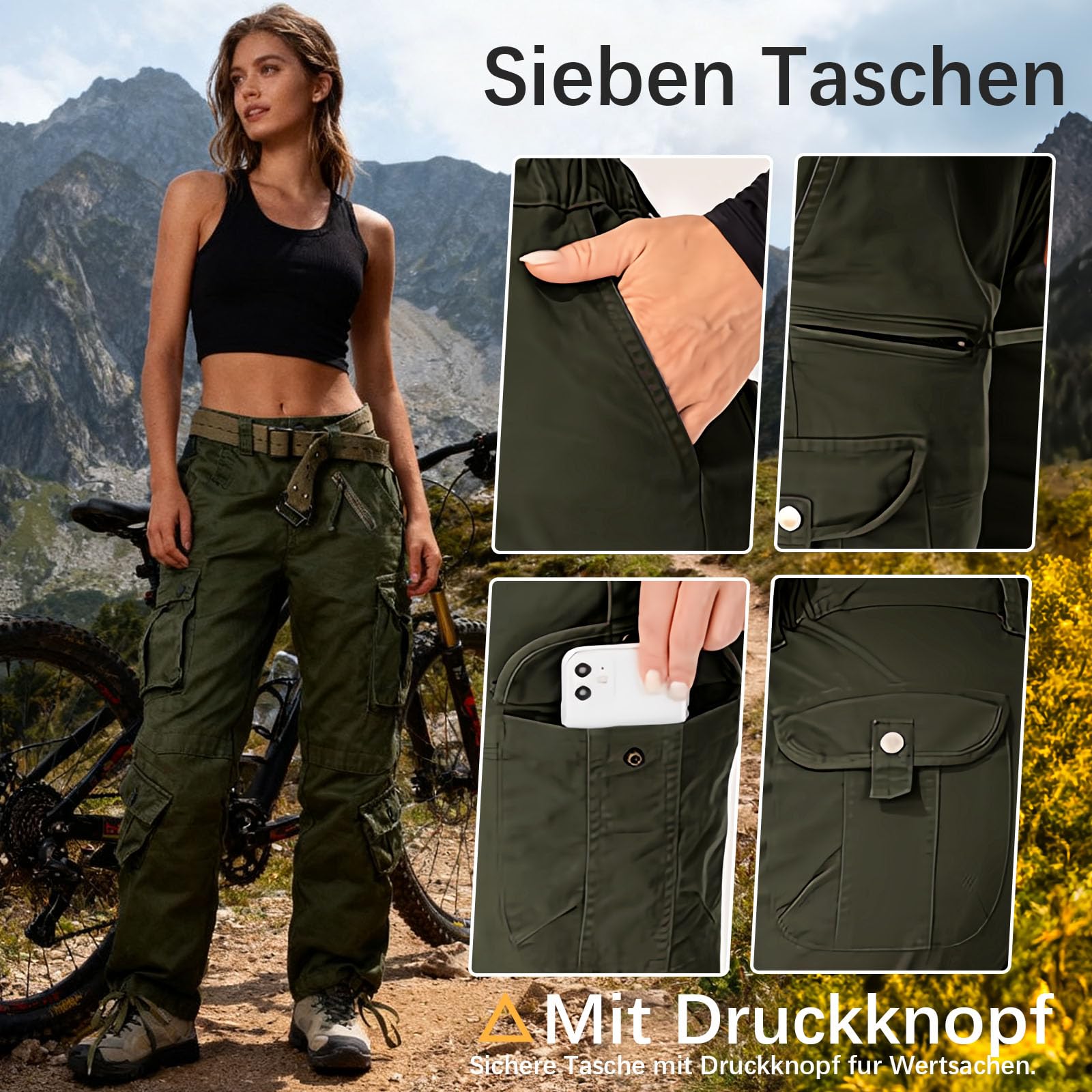 Damen Hosen Cargo Hose Multi Taschen Wanderhose Workwear Reißverschluss Armee Militär Outdoorhose Relaxed-Fit Trekkinghose Cargohose
