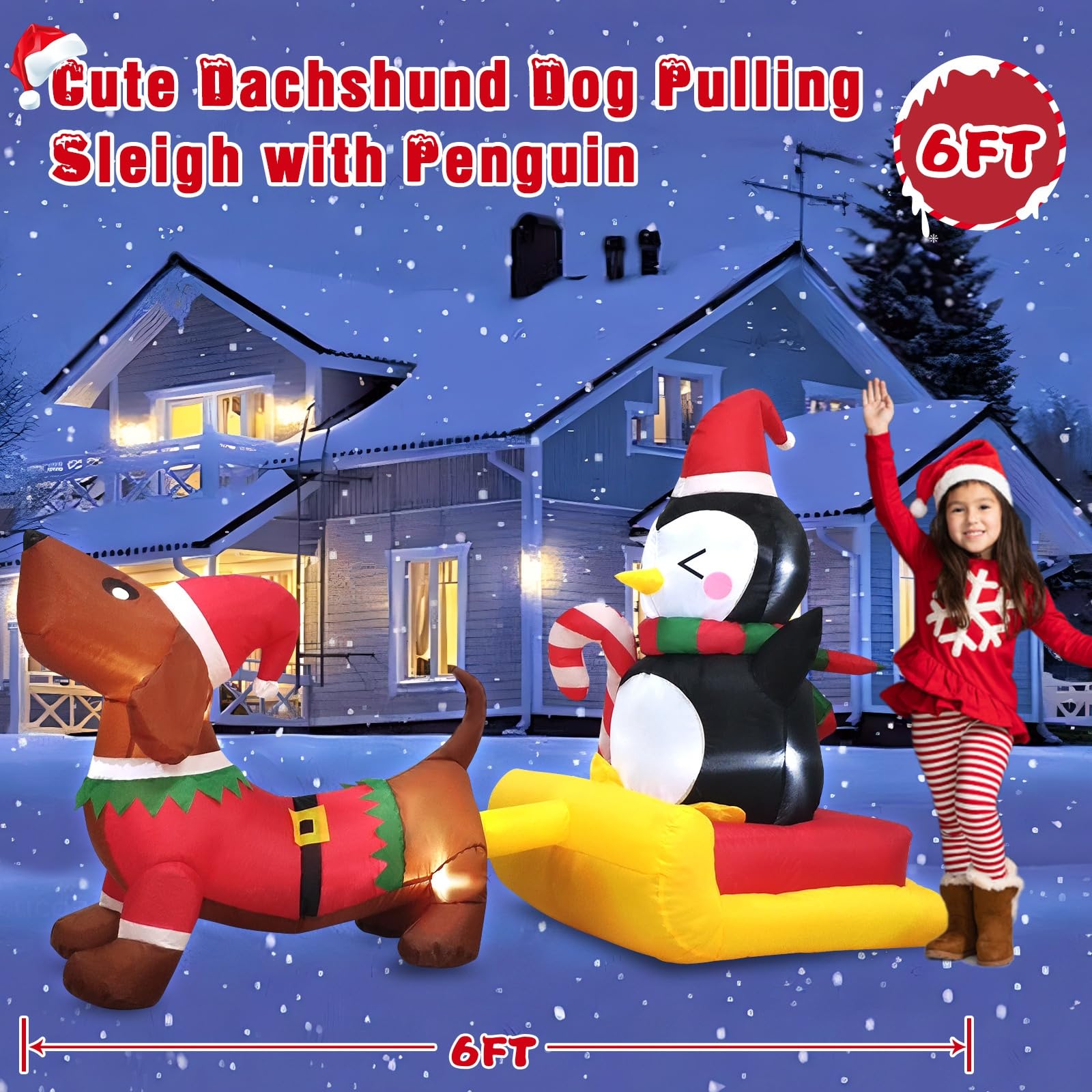 Danxilu Traîneau gonflable de Noël de 1,8 m de long avec pingouin - Décorations extérieures - Pingouin gonflable sur traîneau à chien - Décorations de cour pour Noël, vacances, intérieur, jardin