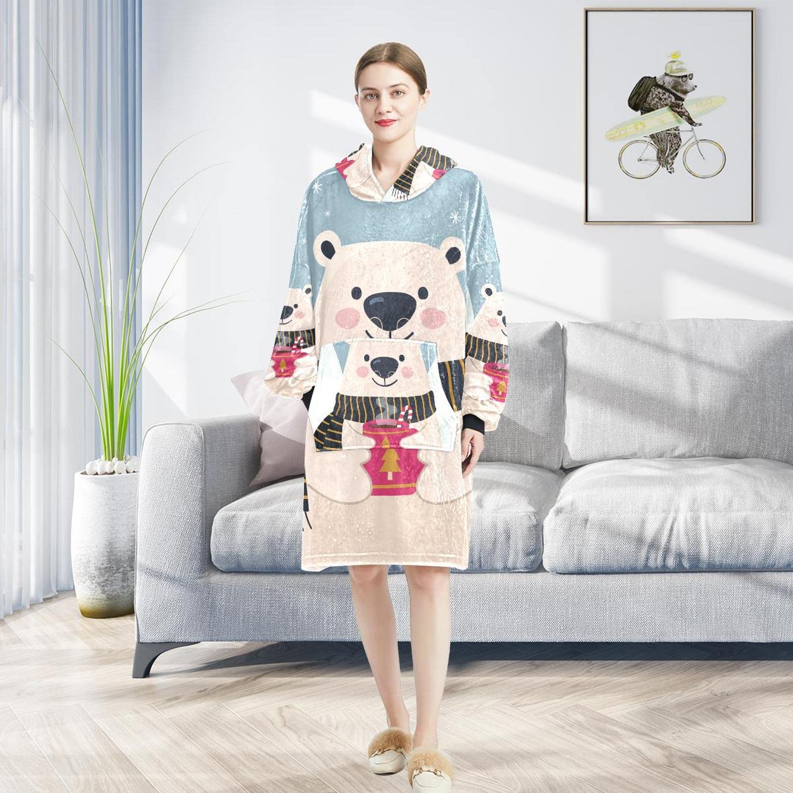 Zimowy niedźwiedź napój herbata koc do noszenia bluza z kapturem, oversize z kapturem dla kobiet, wygodna bluza, wielobarwny, rozmiar uniwersalny
