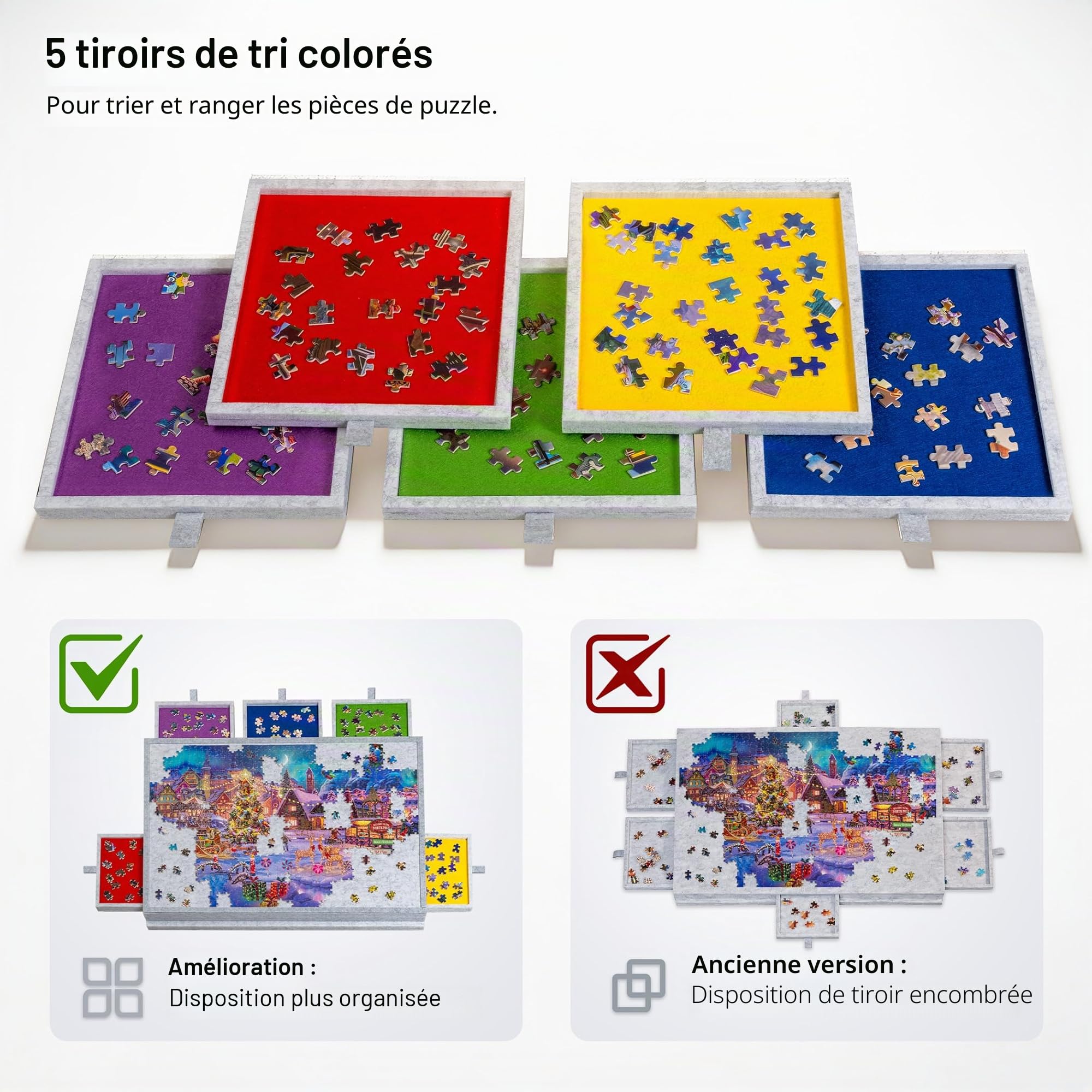Lavievert Planche de Puzzle Inclinable 2 en 1 Support Housse Plateau Feutre Léger 6 Tiroirs Table Portable 1000 Pièces Gris Clair