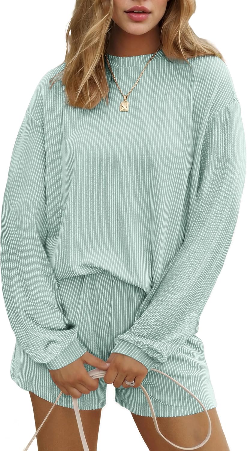 Ekouaer 2 Pieces Lounge Set for Women Long Sleeve Pajamas Top and Shorts Matching Sets Outfits with Pockets