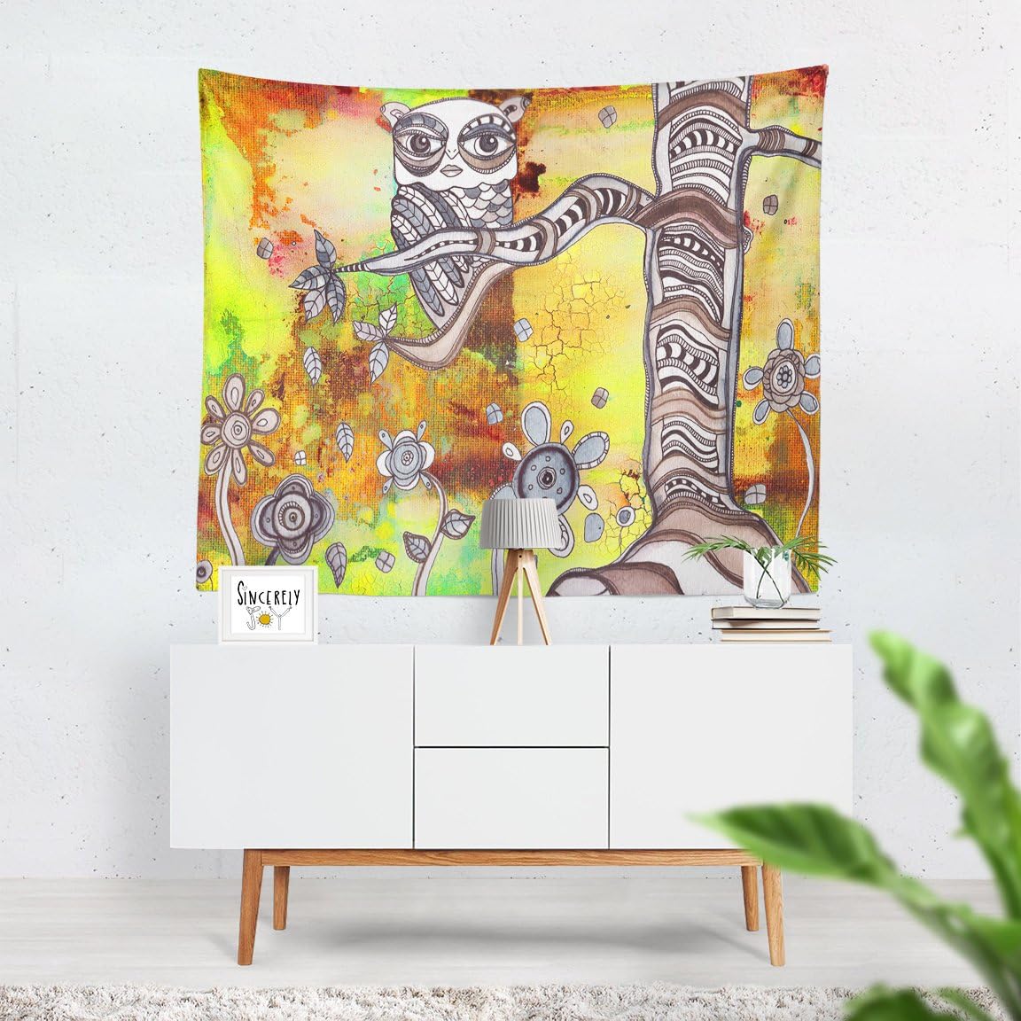Surreal Owl abstract colorful boho wall hanging tapestries. Bohemian gypsy art design mixed media funky original home decor accessories.