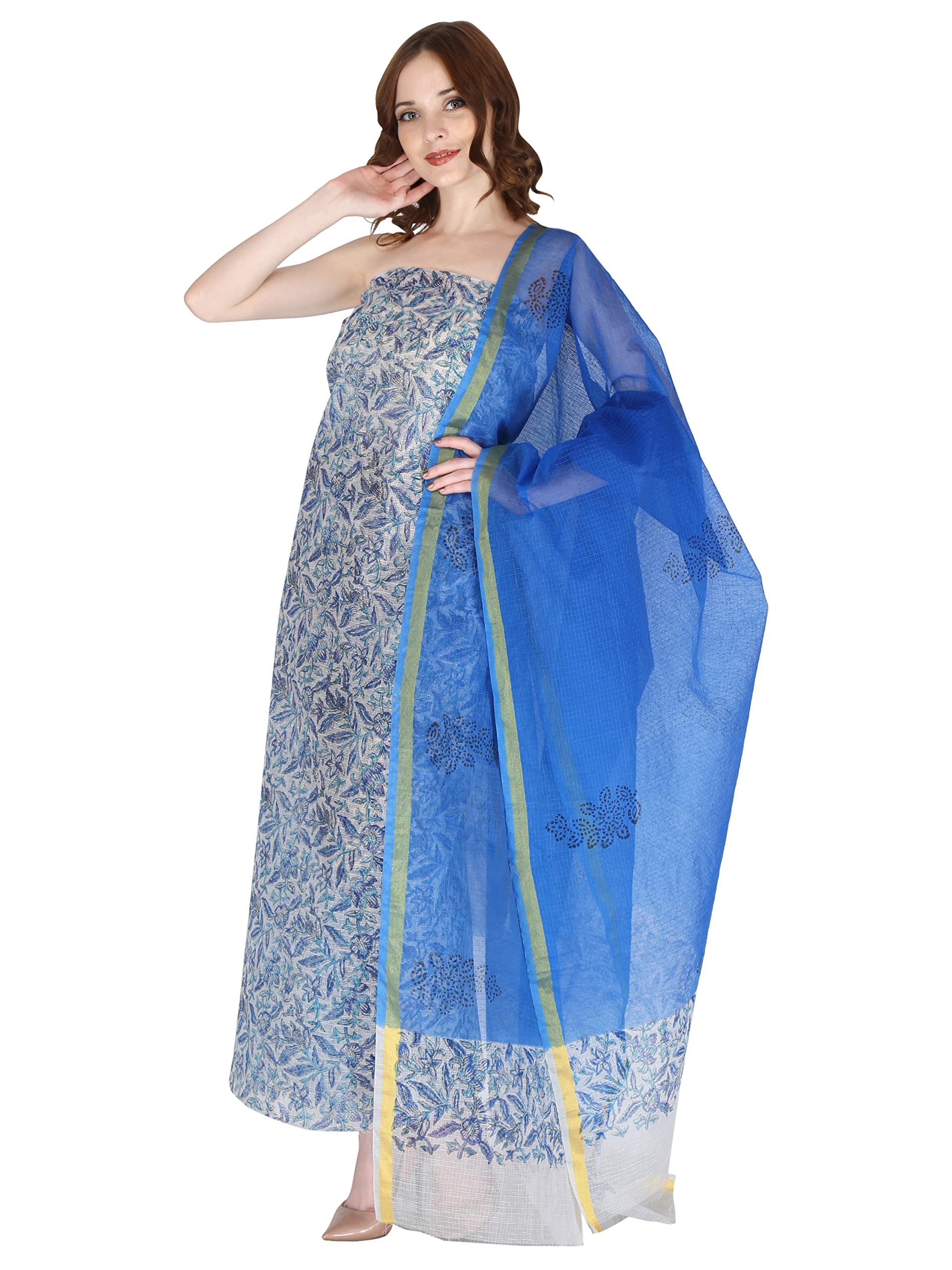 Women's Pure Cotton Kota Doria Straight Kurta with Dupatta Unstitched Without Bottom (Color Blue)-picture-18