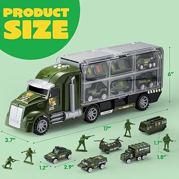 joyin 25-in-1 die-cast military truck toy set with toy soldiers army vehicle toy in transporter with lights and noises children's birthday gifts for boys aged 3 and over (green)