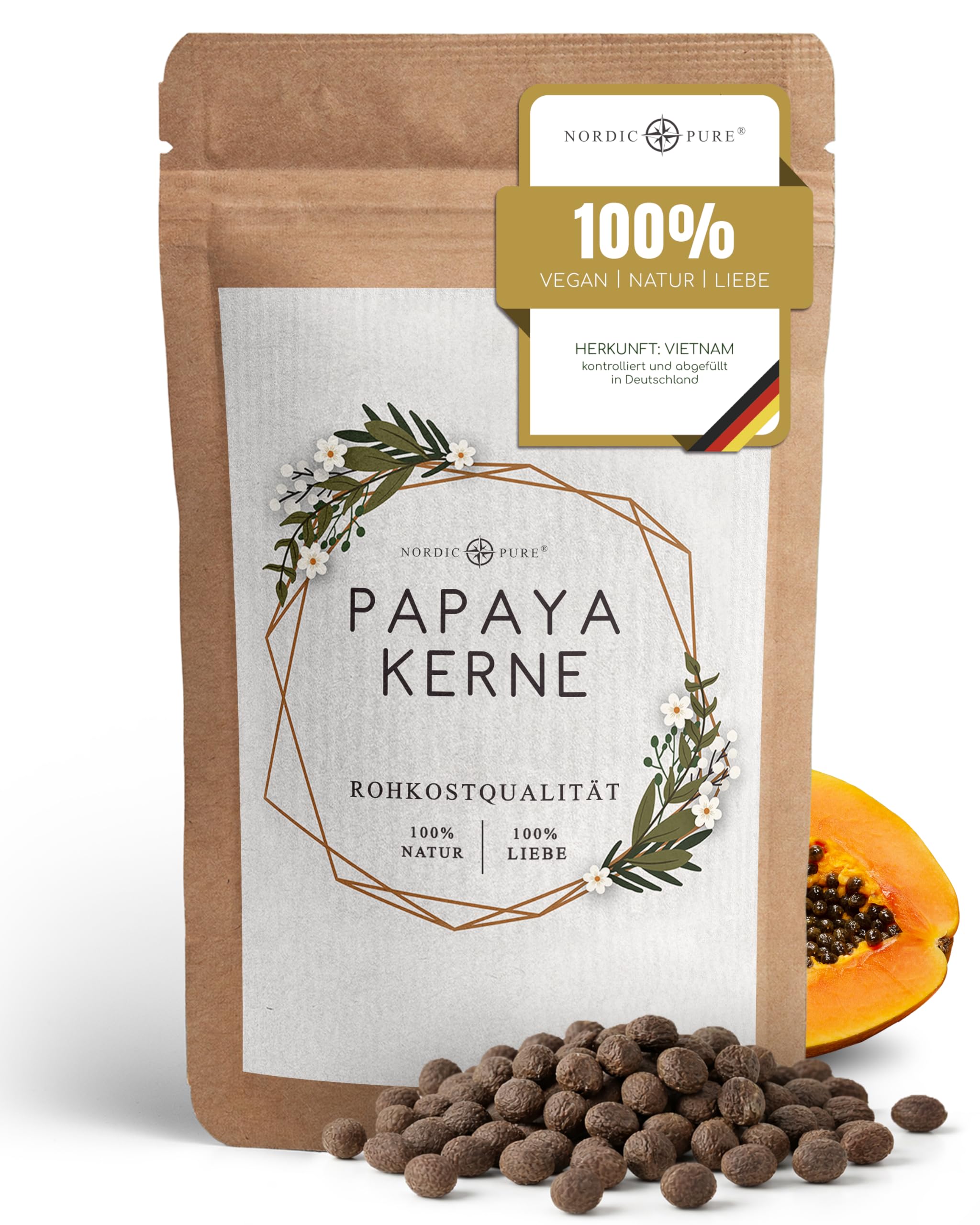 Papaya Kerne von Nordic Pure 125g | Papaya-Samen in Rohkostqualität | Papaya-Pfeffer ohne Zusatzstoffe - Hoher Papain Gehalt | Papaya-Enzym