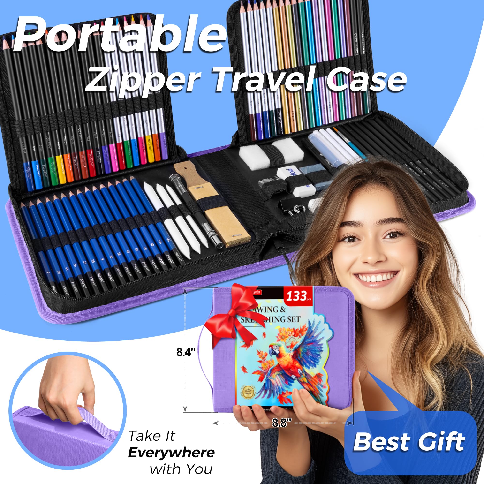 Kit de dessin de 133 pièces - Fournitures de dessin professionnelles avec carnet de croquis, livre de coloriage, bloc de papier noir, charbon de bois de couleur graphite aquarelle et crayons