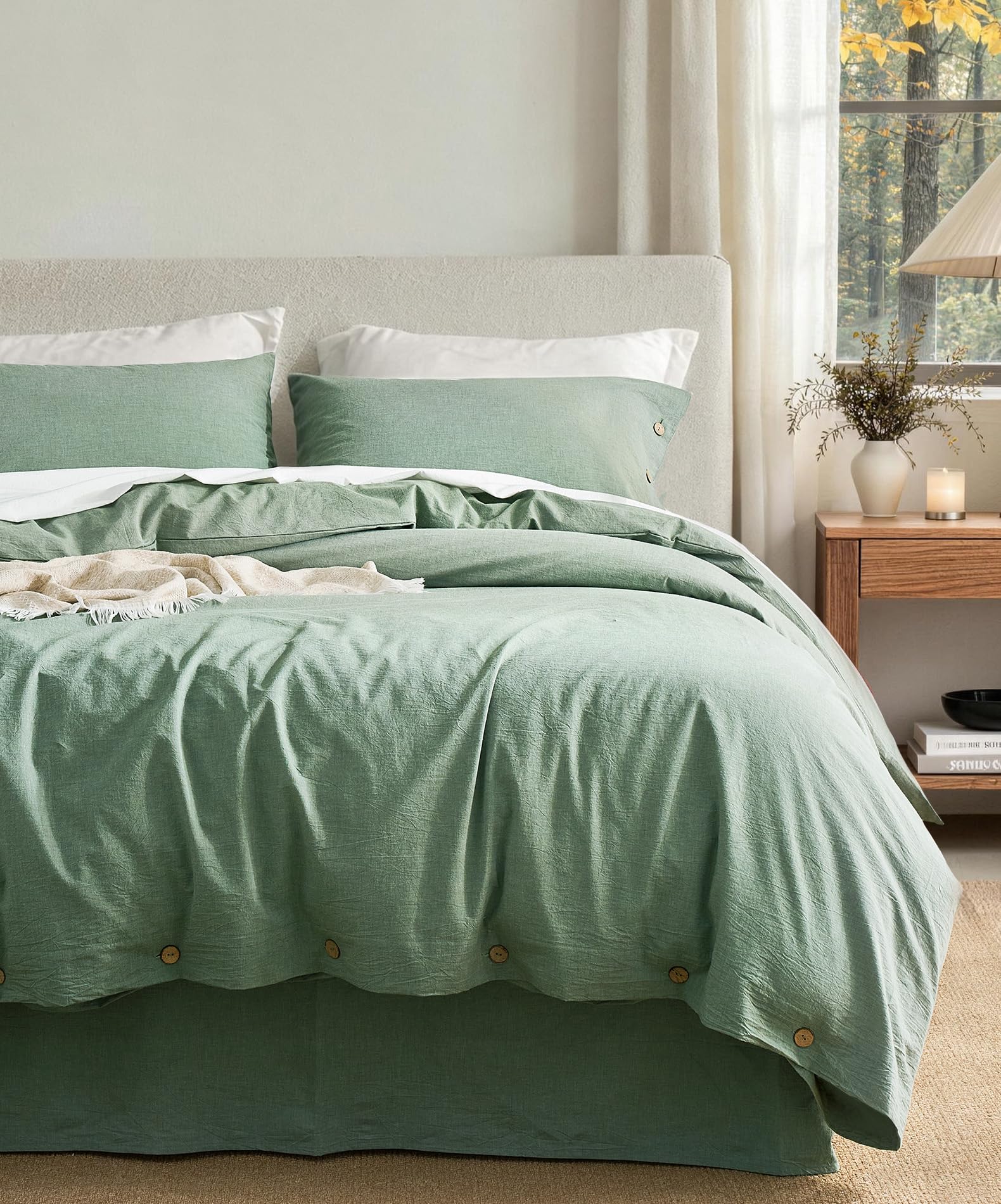 JELLYMONI 100% Washed Cotton Green Duvet Cover Full, Linen-Like