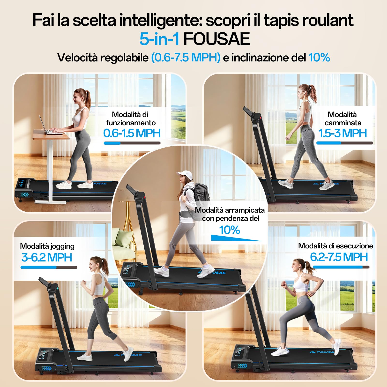 Tapis Roulant Elettrico Pieghevole, FOUSAE 5 in 1 Tapis Roulant con Inclinazione, Tapis roulant pieghevole da 12 km/h, App, Telecomando e Doppio Display LED, Nessuna Installazione Richiesta
