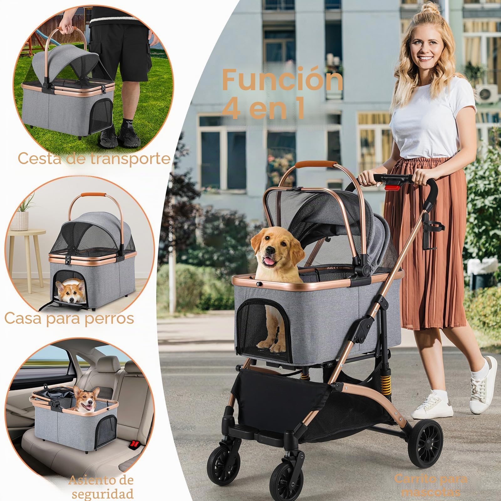 MAMIZO Carro para Perros 3 en 1,Cochecito Plegable con Cesta de Almacenamiento,Ventanas de Malla y Soporte para Bebidas,para Perros y Gatos,hasta 20 kg,4 Ruedas Giratorias 360°,Gris Oscuro