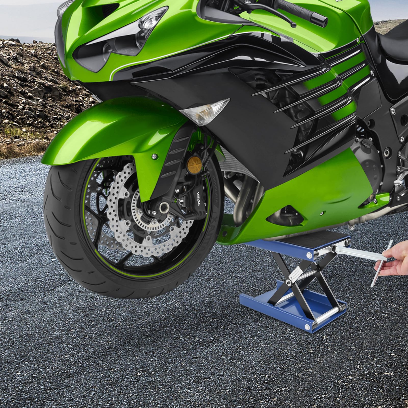 Podnośnik motocyklowy z regulacją wysokości 9,3-35 cm – nośność 500 kg, składany podnośnik motocyklowy do wymiany opon i konserwacji z antypoślizgową platformą (niebieski)