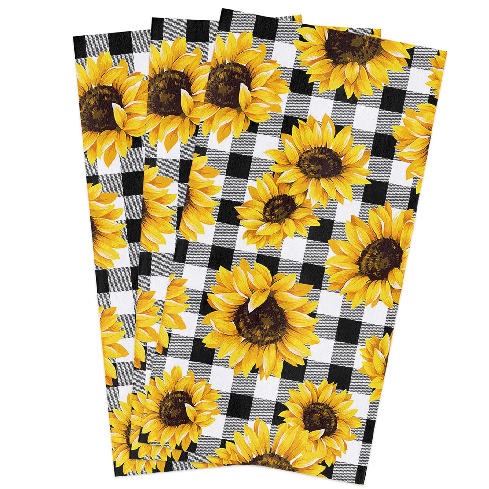 ArneCase Kitchen Towels 3PCS-18x28In Superfine Fiber Dish Towel Yellow Sunflower Black White Plaid Background Heat-Insulation Dish Cloths for Cooking,Cleaning