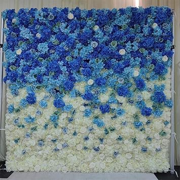 Handmade Romantic Blue and white gradient rose hydrangea wall Large Artificial Flower Wall Backdrop Panels, Rose Wedding Backdrop 3D Floral Wall fabric flower wall for Party Bridal Wedding Background