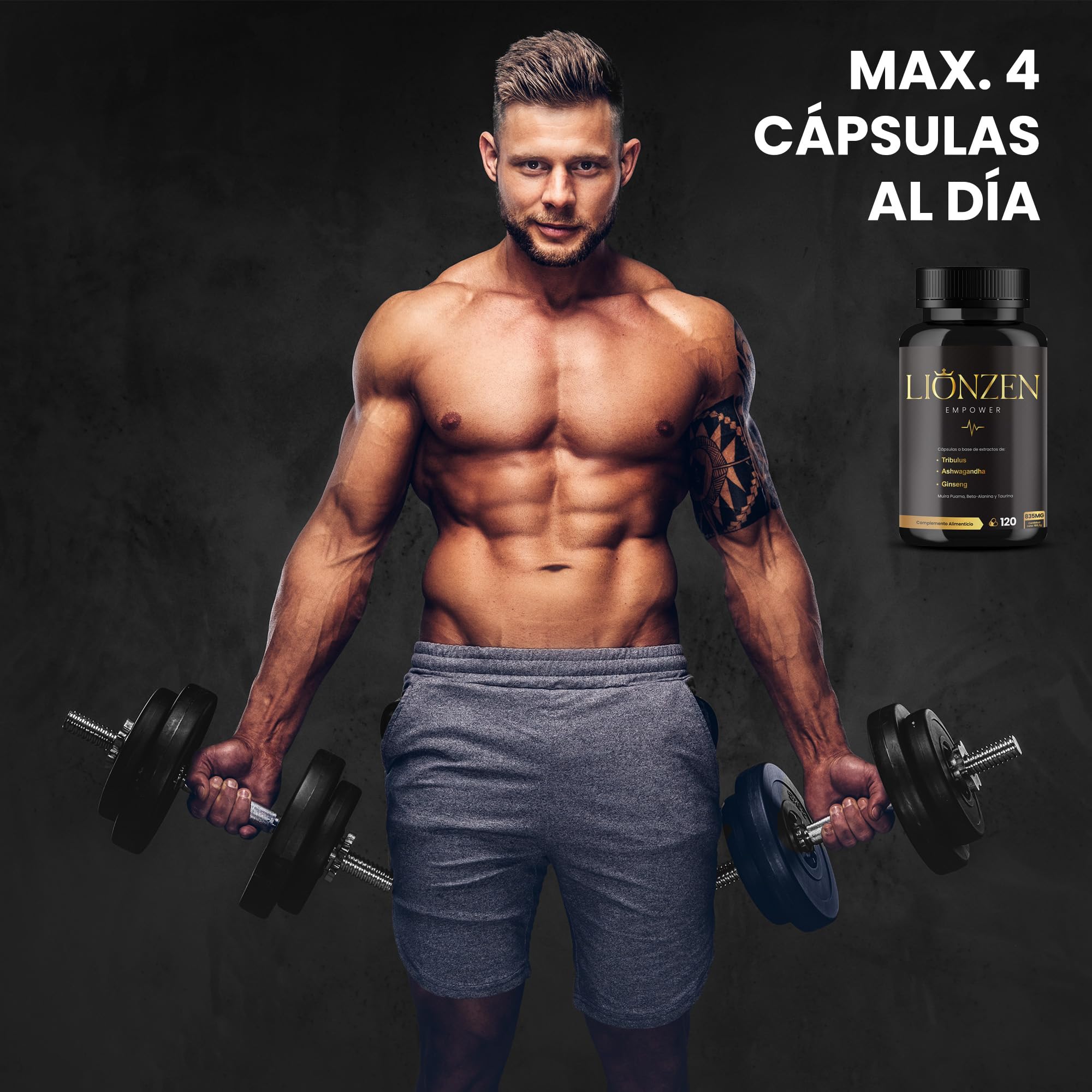Testosterona Hombre Musculacion | Fuerza y Energía | +19 ingredientes | Ashwagandha, Maca, Ginseng, Tribulus terrestris, Ginkgo, Beta Alanina, Taurina, Muira Puama, L-Arginina, Zinc, Vitaminas. 120c