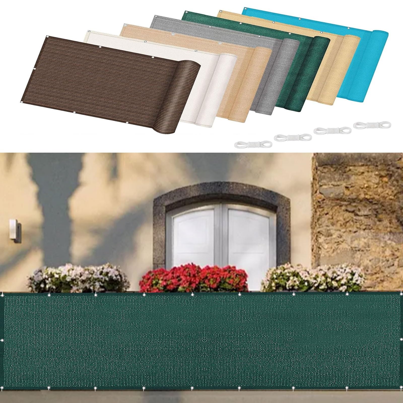 Pantalla para Balcón Jardín 80 x 550 cm Transpirable Protección Solar Balcón Pantalla Malla Sombreo con Ataduras de Cables Balcon Jardín, Verde Oscuro