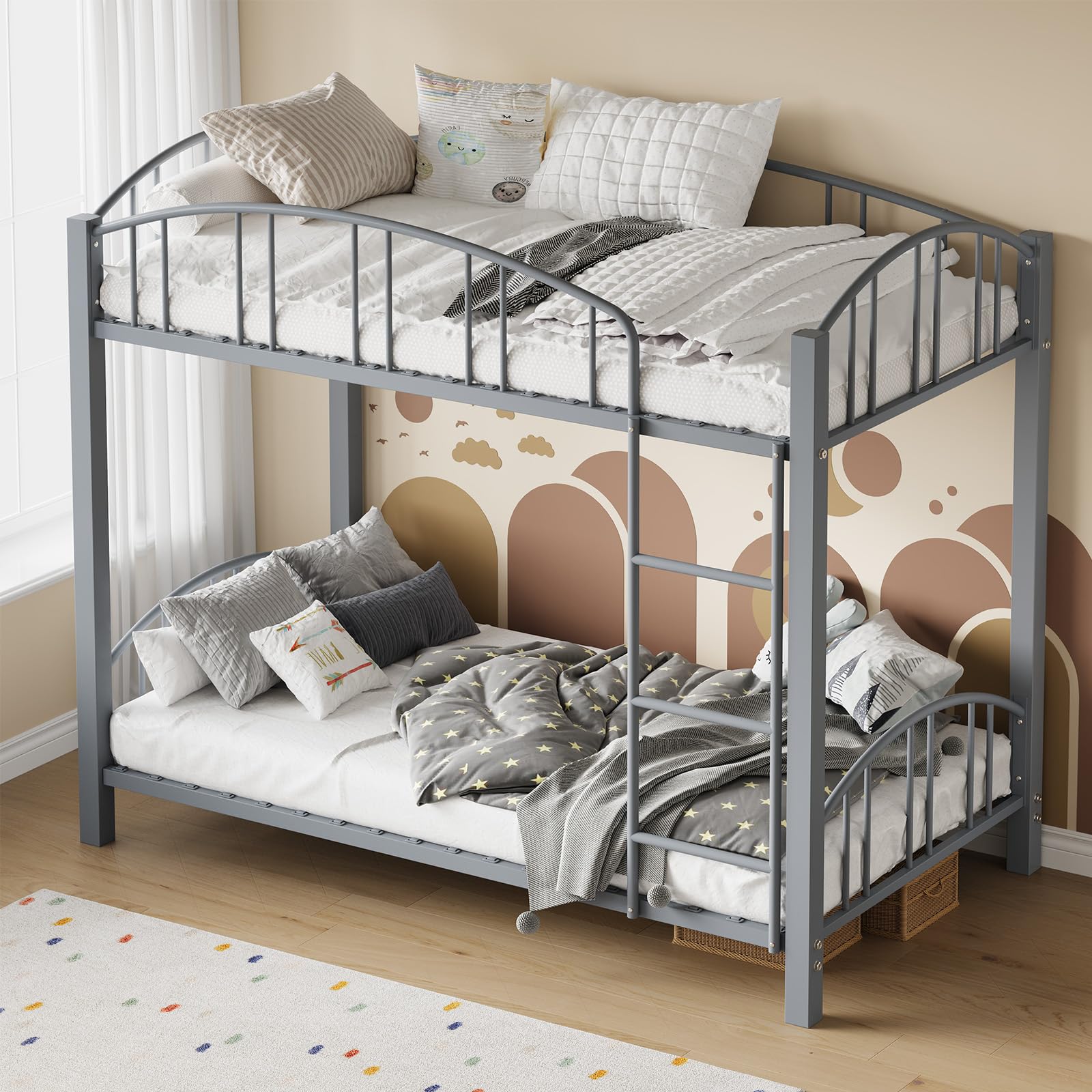 Photo 1 of Twin over Twin Metal Bunk Bed with Safety Guardrail & Ladder – Heavy Duty Steel Frame, Two Sturdy Sleeping Spaces, No Box Spring Needed – Space-Saving Kids Bunkbed for Boys, Girls & Shared Bedrooms