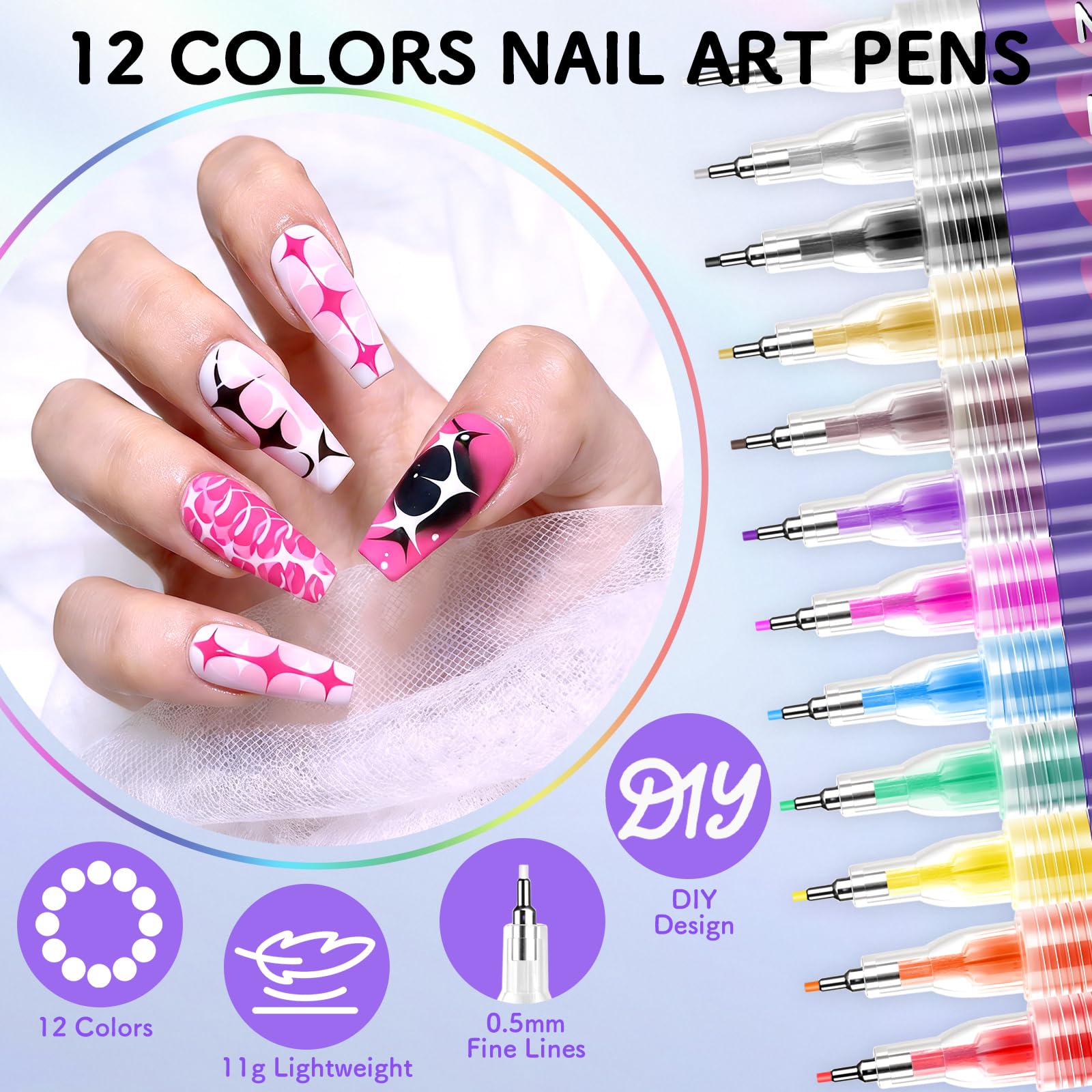 Set de 12 Bolígrafos para Uñas Nail Art, Nails Art Marker de Punta Fina 0,5 mm para Uñas Naturales y Uñas de Gel, Bolígrafo 3D de Esmalte de Secado Rápido para Liner, Dotting y Graffiti