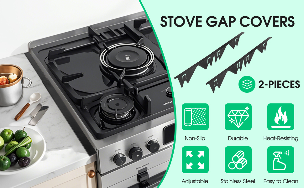 Image of Stove Gap Covers Stainless Steel Stove Gap Filler for Stove and Counter, Black Oven Side Gap Filler for Kitchen Oven with Adjustable Length 13 inch to 27 inch (2 Packs)