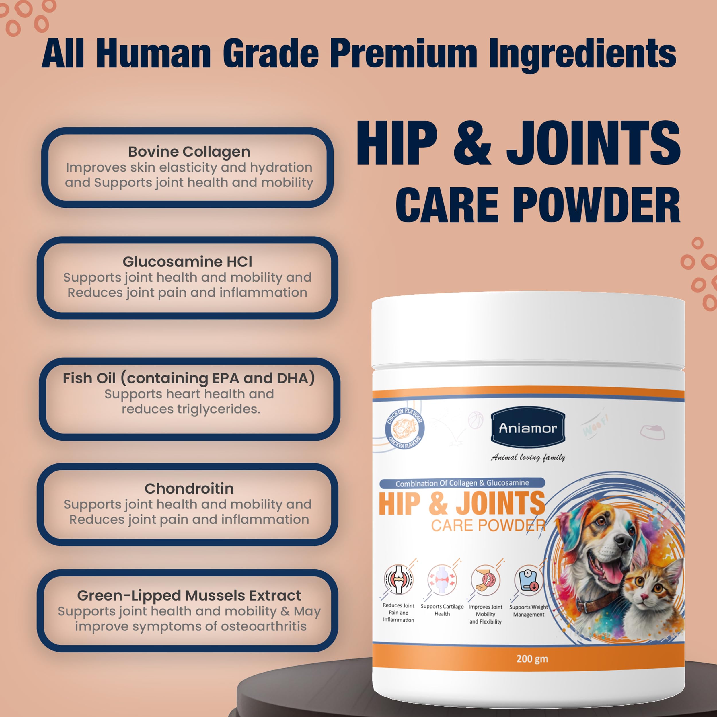 Aniamor Hip and Joints Care Powder for Dogs and Cats | Dog Supplement | Joint Support Supplement with Glucosamine Chondroitin | Dog Joint Supplement, Calcium for Dogs | All Life Stage| 200gm Jar 3