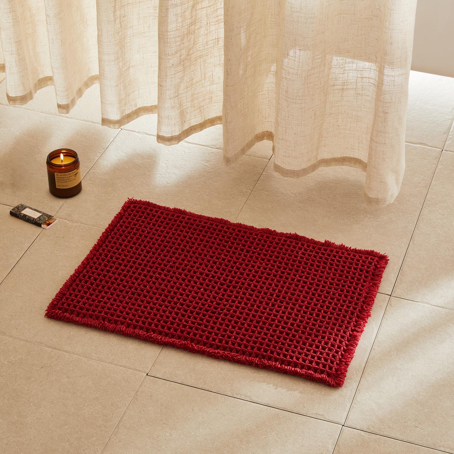 TYUU Waffle Bath Mat, Boho Bathroom Rugs Non Slip Washable Super Absorbent Quick Dry Bath Mat Farmhouse Bathroom Decor, 24"x16" Burgundy