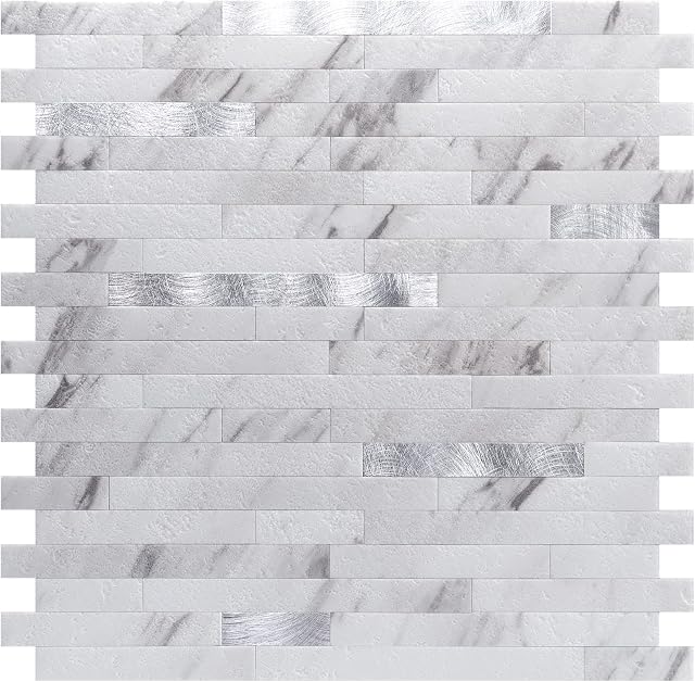Art3d 10-Sheet Peel and Stick Stone Backsplash Tile for Kitchen, Bathroom - Volakas White Embellished with Metal Silver