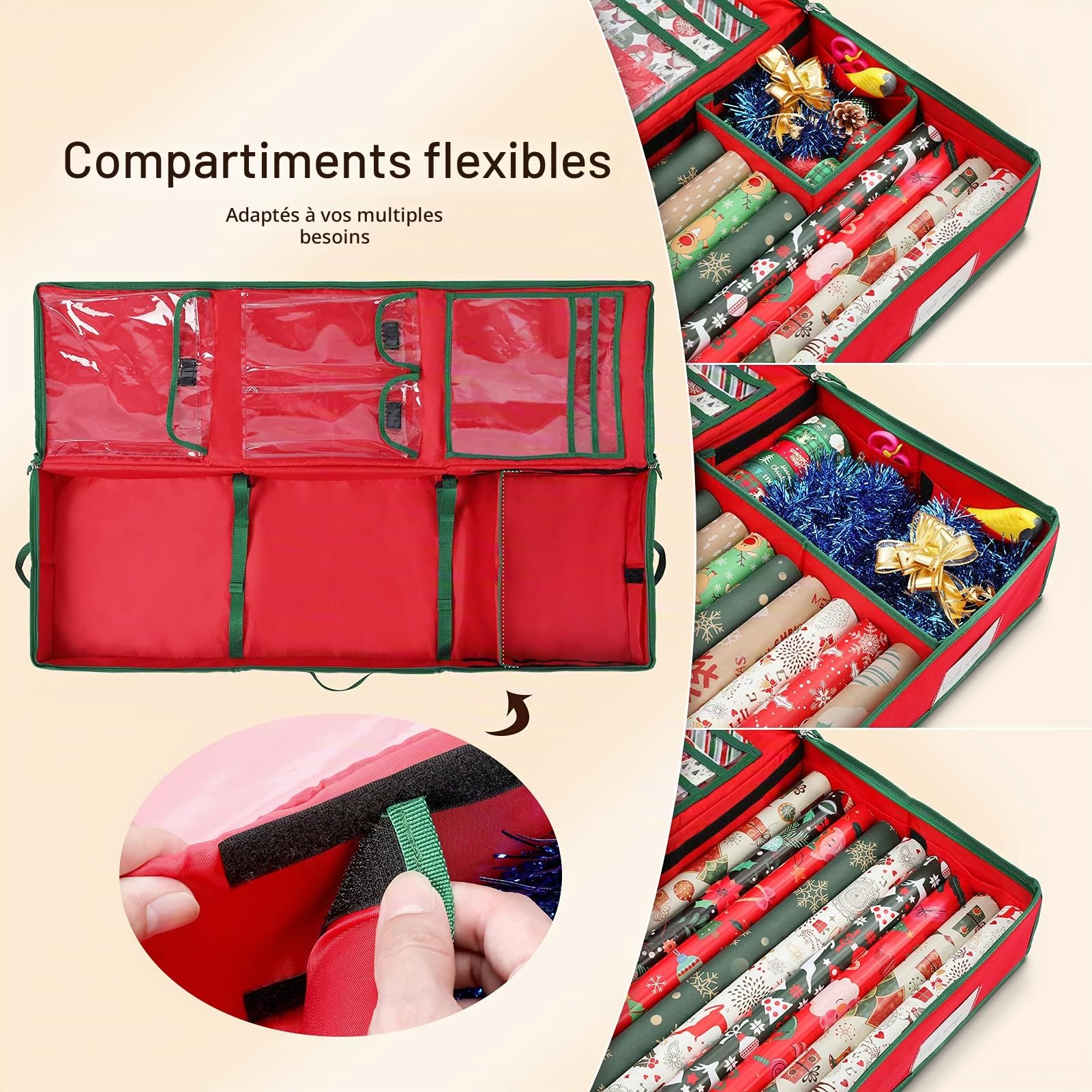 MaidMAX Sac de Rangement de Papier Cadeau de Noël pour 24 Rouleaux de Papier Cadeau de 106,7 cm avec Poches Intérieures, Support de Papier D'emballage pour Ranger Rouleaux, Rubans, 14 x 107 x 35.5 cm