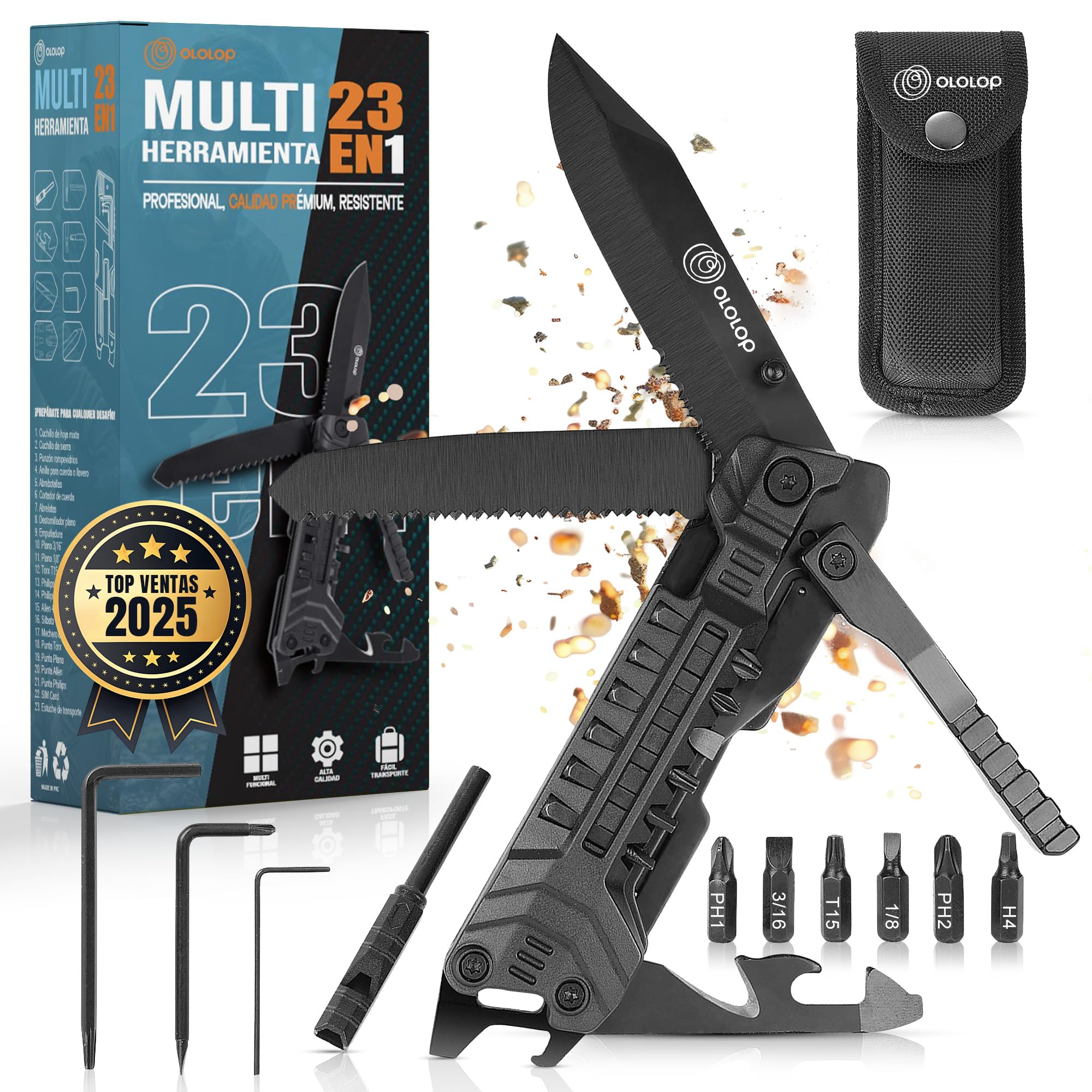 Navaja Multiherramienta 23 en 1 con Funda para Cinturón, Pedernal y Silbato — Acero Inoxidable Resistente para Camping, Senderismo y Emergencias | Ololop® - 2