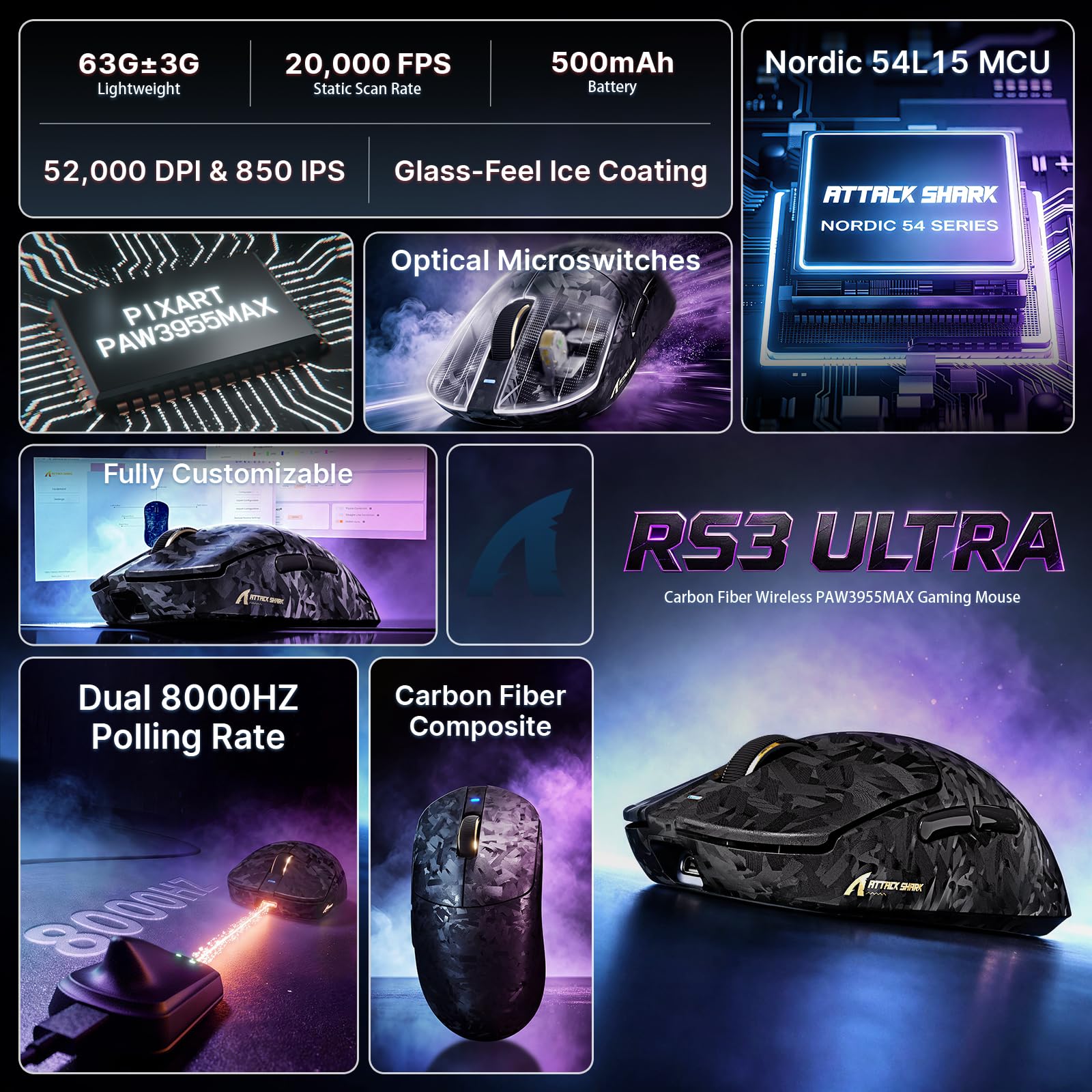 ATTACK SHARK RS3 ULTRA Mouse Gaming Senza Fili, Sensore PAW3955MAX, Chip Nordic 54L15, Fibra di Carbonio, 8K Hz Polling, 52K DPI, Ultra Leggero 63g, BT/2.4G/Cablato, per Pro Gamer, Nero
