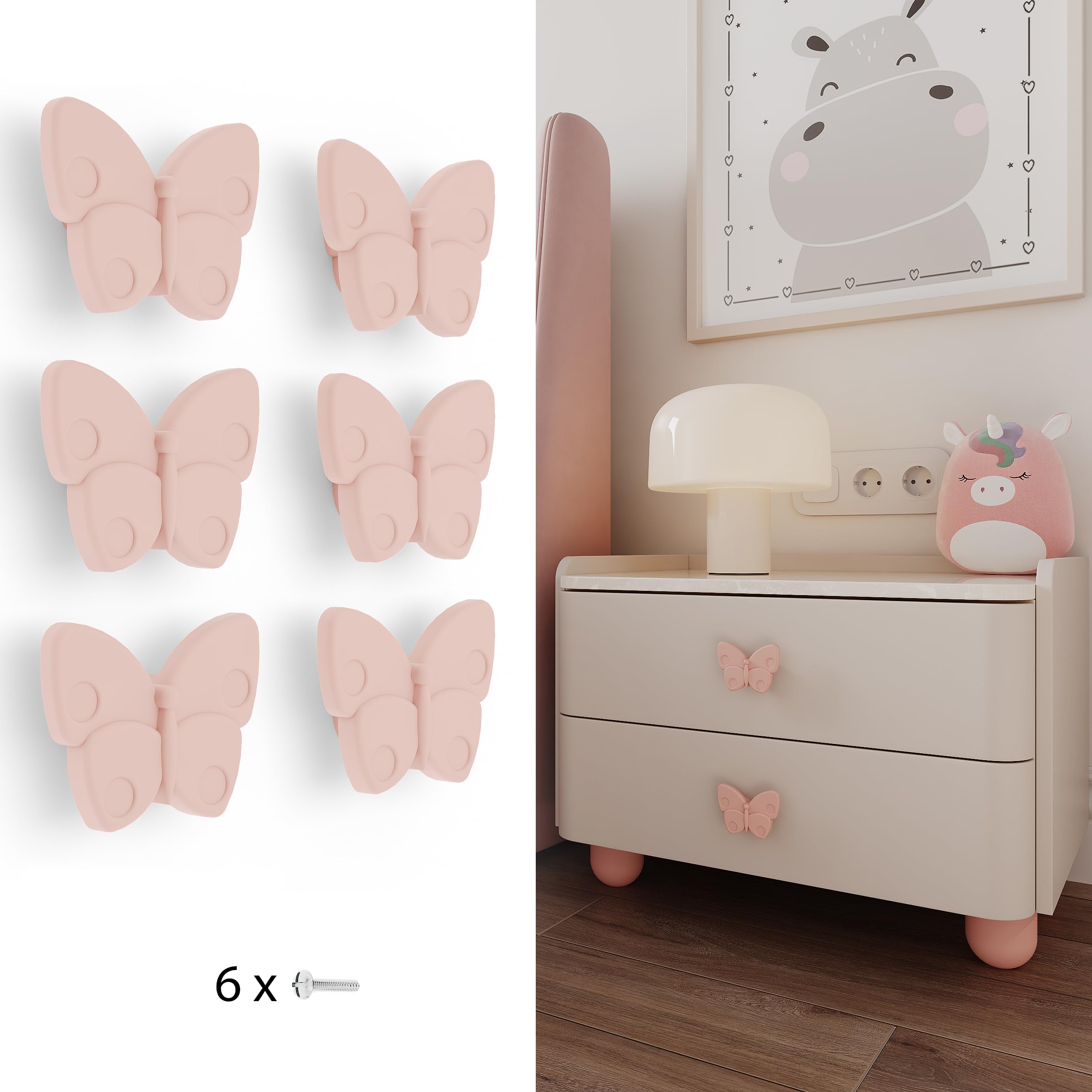 Poliplast - Set da 6 Pomelli, Design farfalla per Armadio e Cassetti e cameretta bambini, Articolo 427F, Verniciato a mano, Colore Rosa Salmone