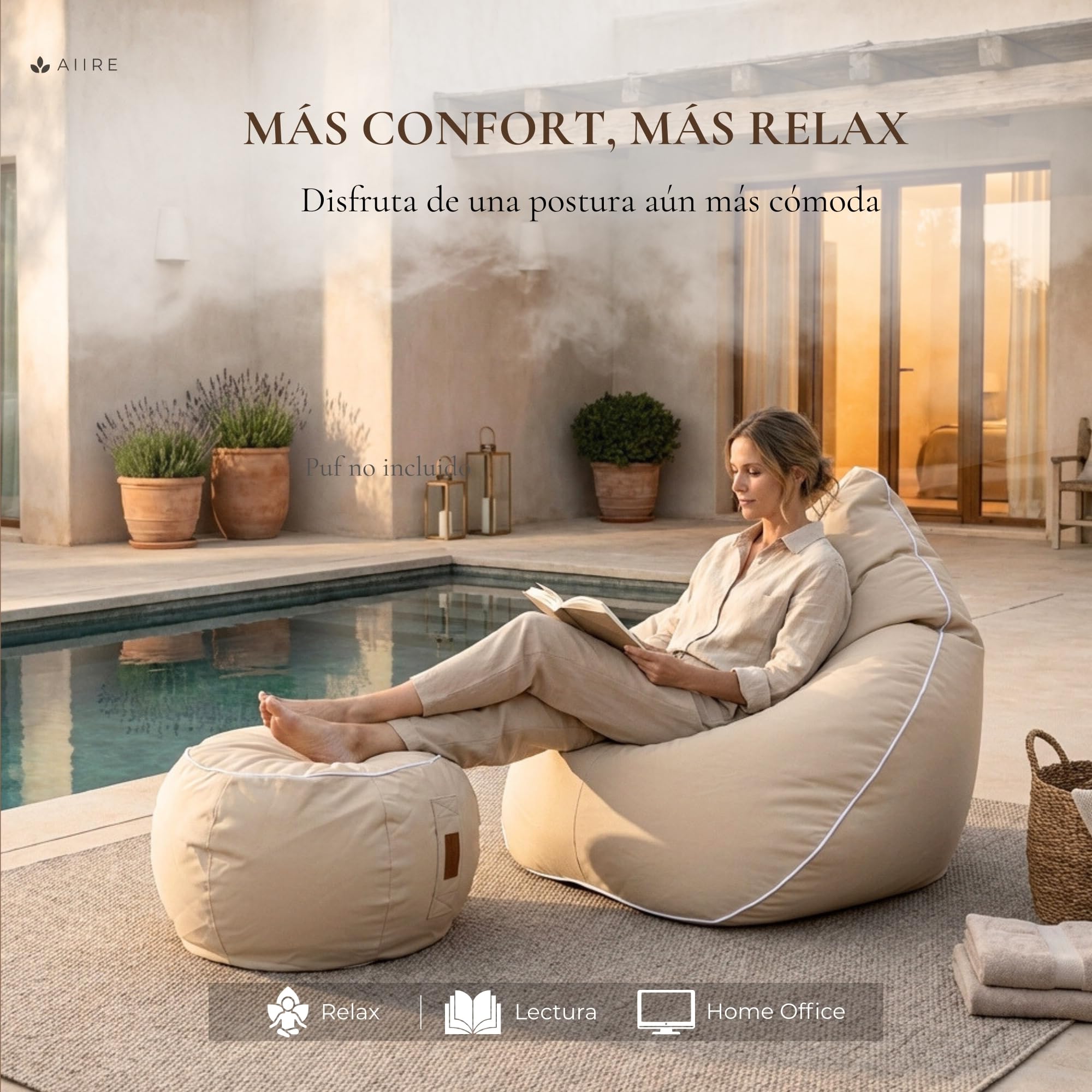 Aiire Puff Exterior Jardín en Olefina - Reposapies Puf con Relleno Incluido XXL de Diseño para Jardín,Terraza o Piscina - Reposa Pies Bean Bag Moderno - Taburete Sofa Beige [45x30]